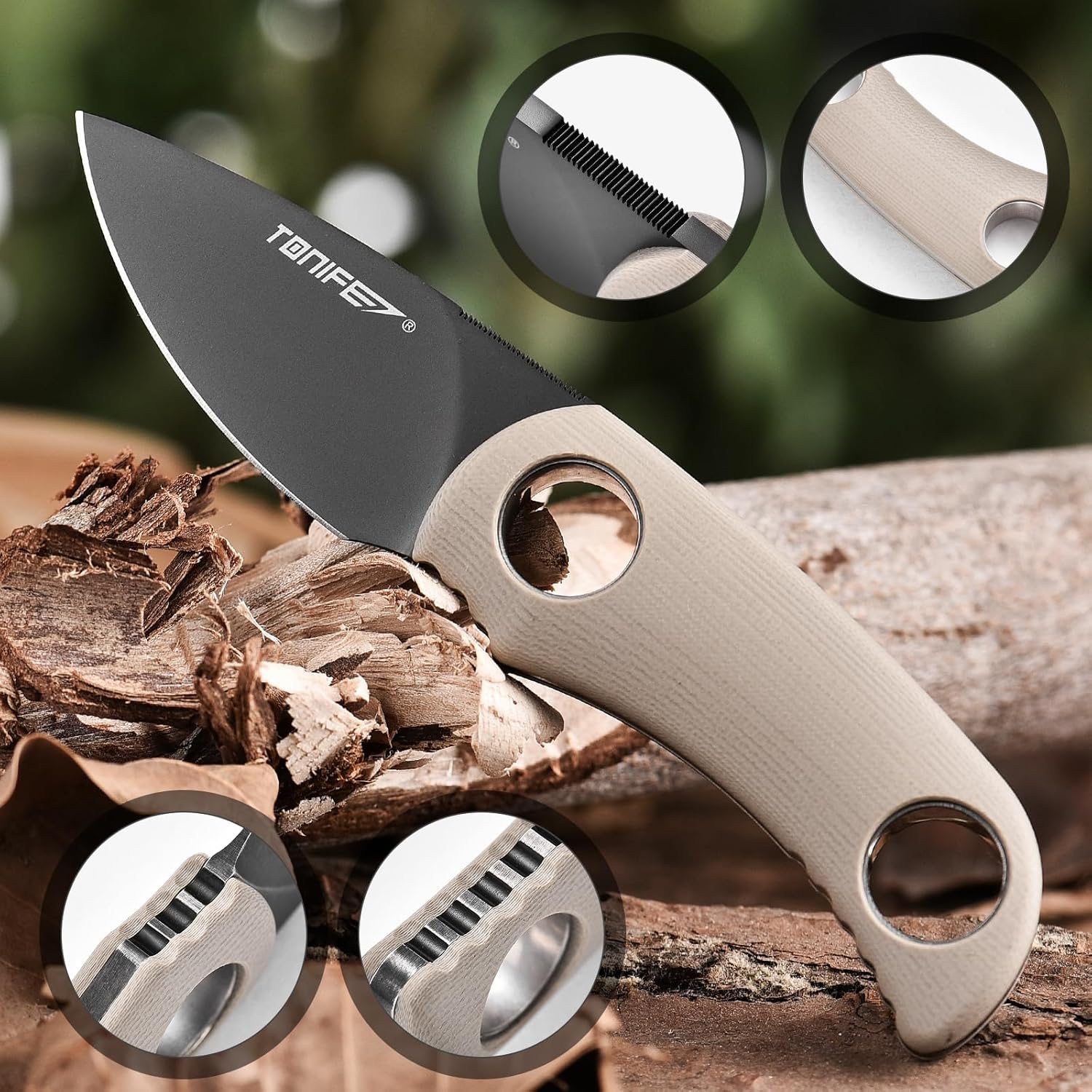 TONIFE Runer Full Tang Fixed Blade Camping Hunting Knife 4.7cm with Adjustable Kydex Sheath Easy to Carry with Paracord Lanyard for Survival (Hot Sand+Gary Titanium)