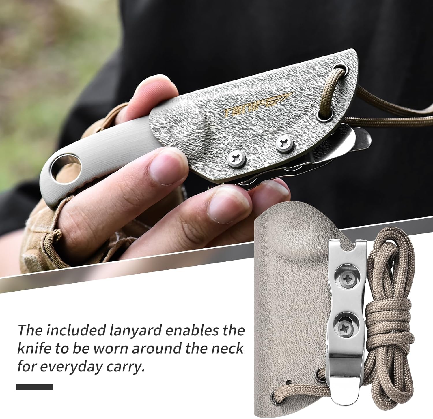 TONIFE Runer Full Tang Fixed Blade Camping Hunting Knife 4.7cm with Adjustable Kydex Sheath Easy to Carry with Paracord Lanyard for Survival (Hot Sand+Gary Titanium)