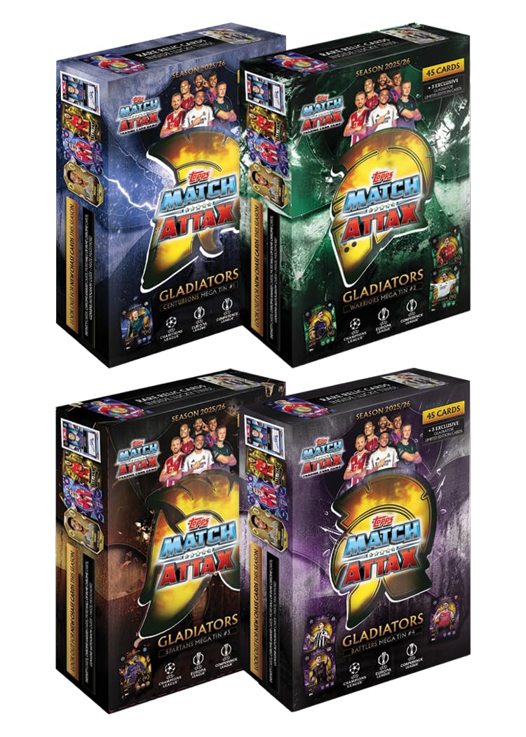 Topps UCC Match Attax 2025/26 - Mega Tin Bundle - contains all 4 Mega Tins from the Match Attax 2025/26 collection - Centurions, Warriors, Spartans and Battlers.