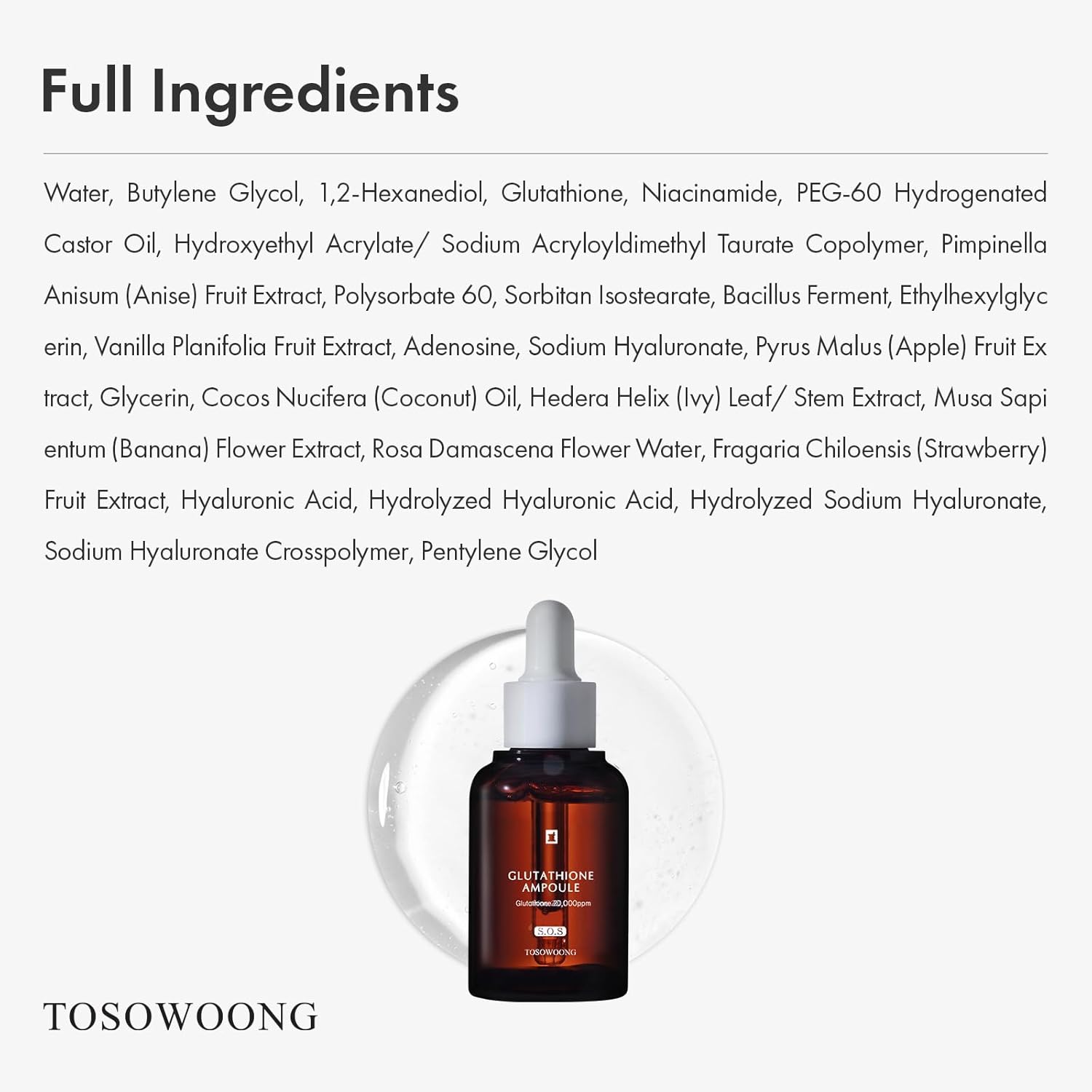 TOSOWOONG Glutathione Serum with 20,000ppm Glutathione, Niacinamide and Hyaluronic Acid, For Glowing and Elastic Skin, Korean Skin Care, 30ml