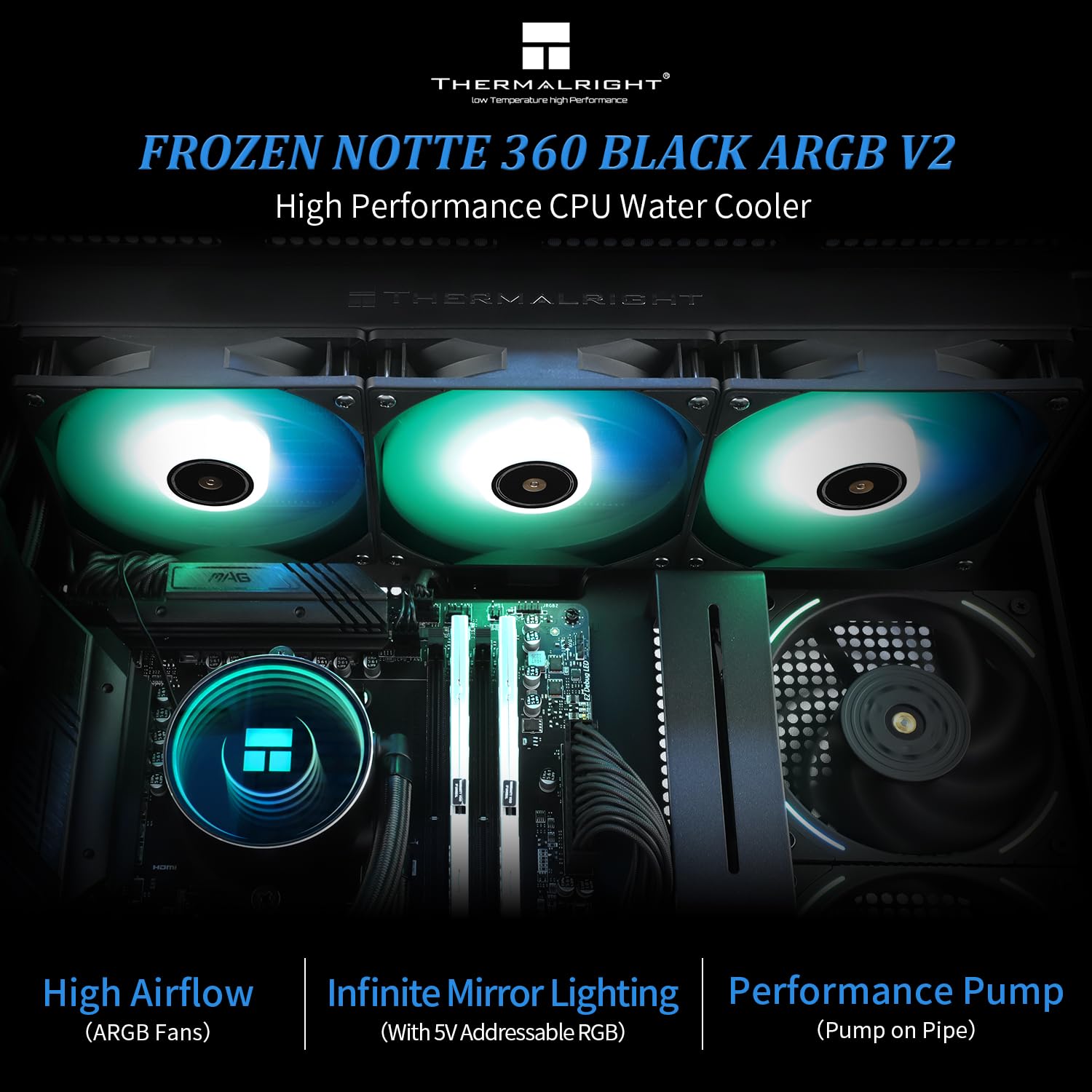TR -Frozen Notte 360 BLACK ARGB V2 Water CPU Cooler, 3 PWM Fans with 2000RPM Speed, Intel LGA 1700/1851/1150/1151/1200/2011, Suitable for AM4/AM5, Computer CPU Liquid Heatsink