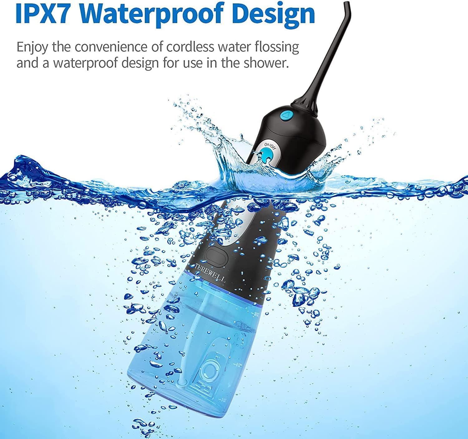 TUREWELL Portable Dental Water Flosser, Professional Dental Irrigator with 3 Modes and 4 Nozzles, IPX7 Waterproof USB Rechargeable for Family and Travel Black