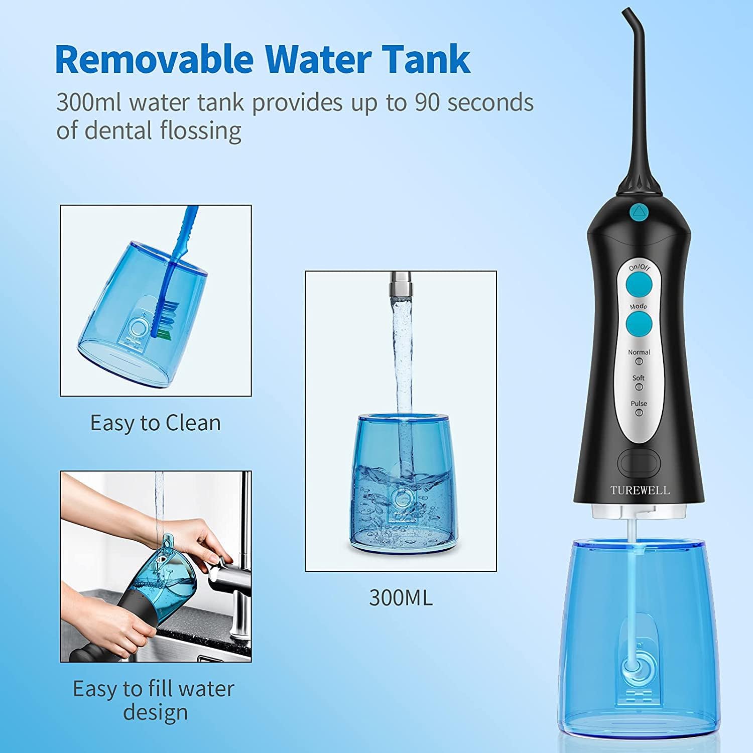TUREWELL Portable Dental Water Flosser, Professional Dental Irrigator with 3 Modes and 4 Nozzles, IPX7 Waterproof USB Rechargeable for Family and Travel Black