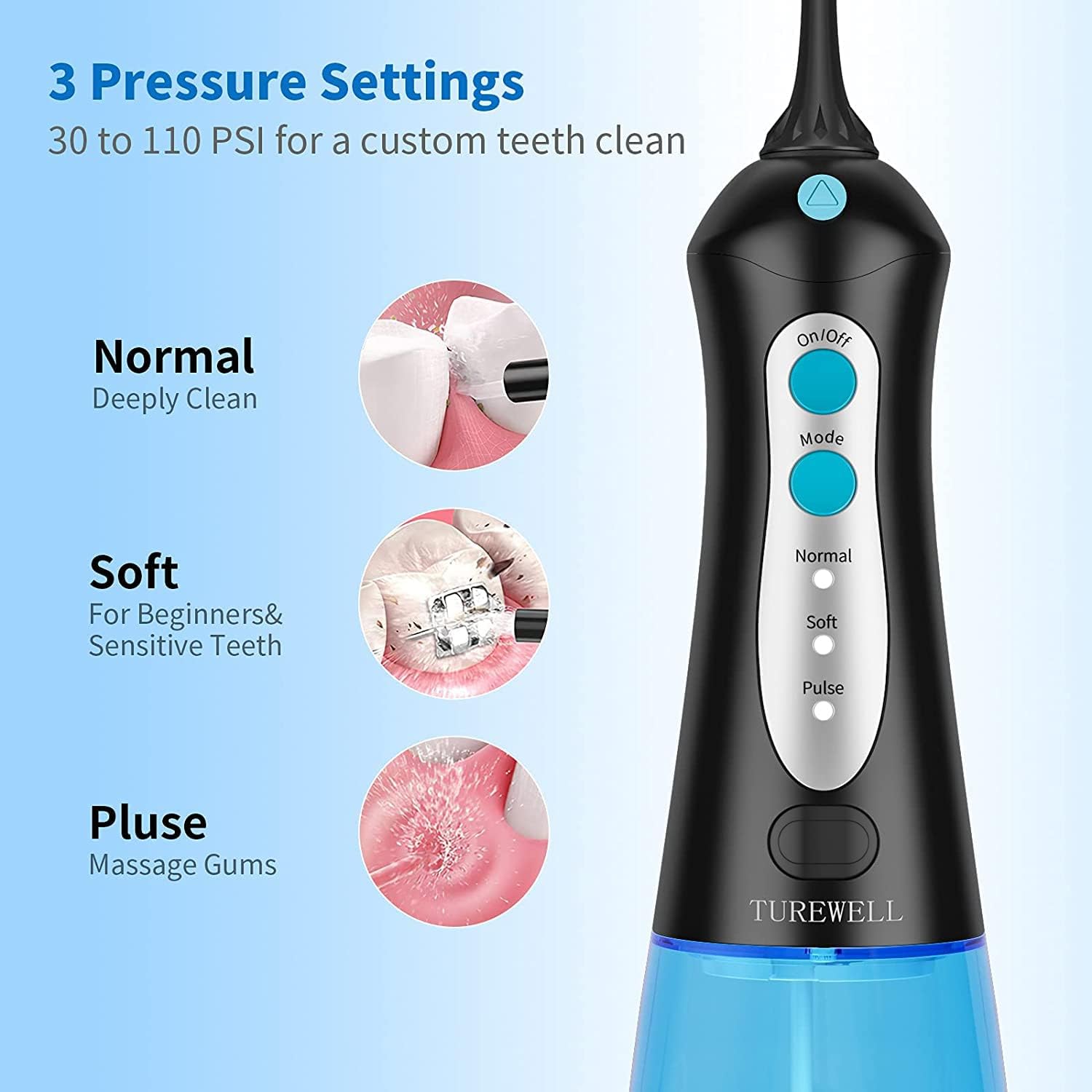 TUREWELL Portable Dental Water Flosser, Professional Dental Irrigator with 3 Modes and 4 Nozzles, IPX7 Waterproof USB Rechargeable for Family and Travel Black