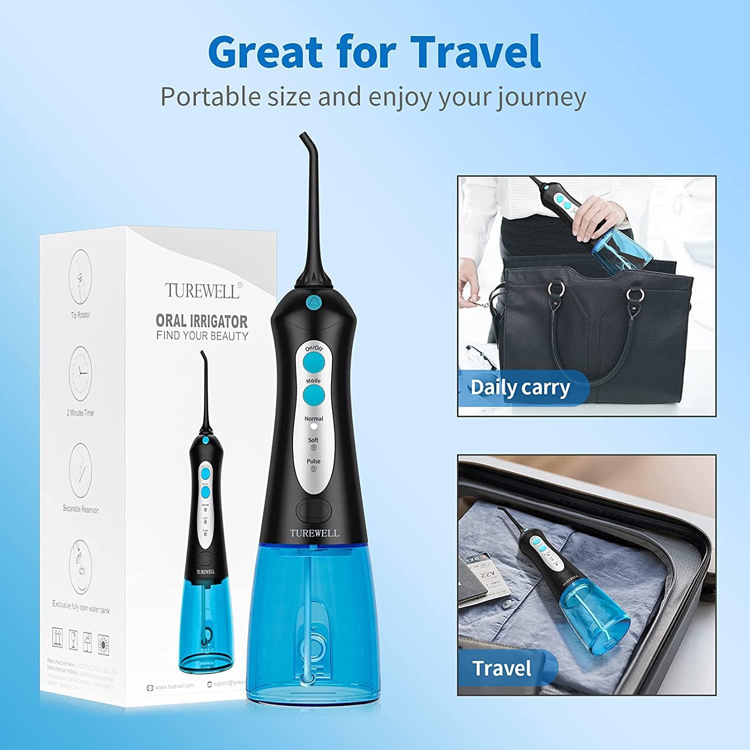 TUREWELL Portable Dental Water Flosser, Professional Dental Irrigator with 3 Modes and 4 Nozzles, IPX7 Waterproof USB Rechargeable for Family and Travel Black