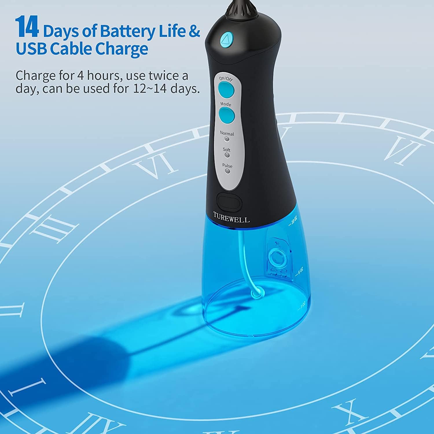 TUREWELL Portable Dental Water Flosser, Professional Dental Irrigator with 3 Modes and 4 Nozzles, IPX7 Waterproof USB Rechargeable for Family and Travel Black