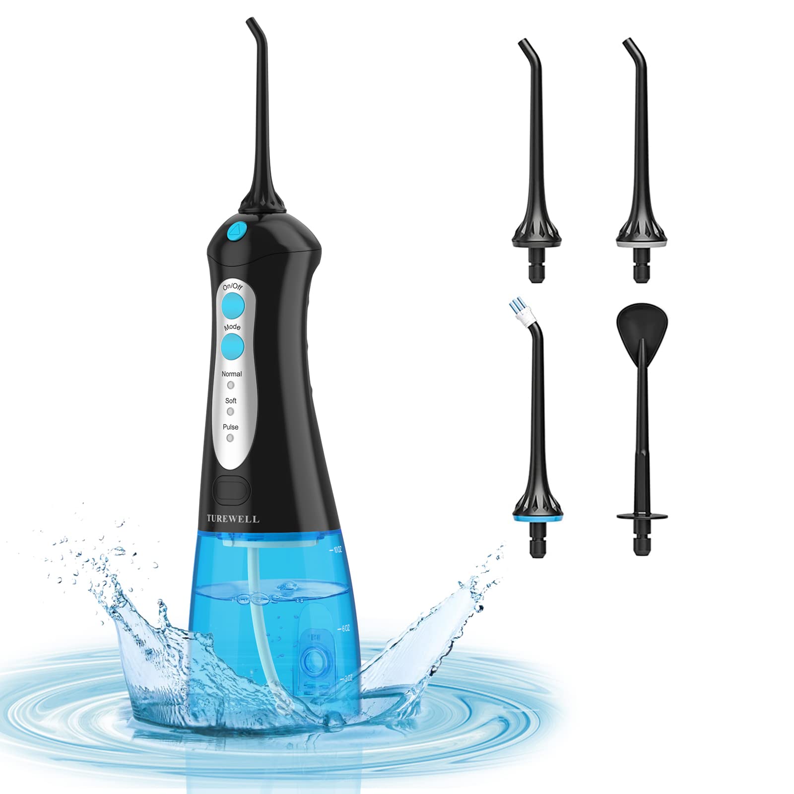 TUREWELL Portable Dental Water Flosser, Professional Dental Irrigator with 3 Modes and 4 Nozzles, IPX7 Waterproof USB Rechargeable for Family and Travel Black