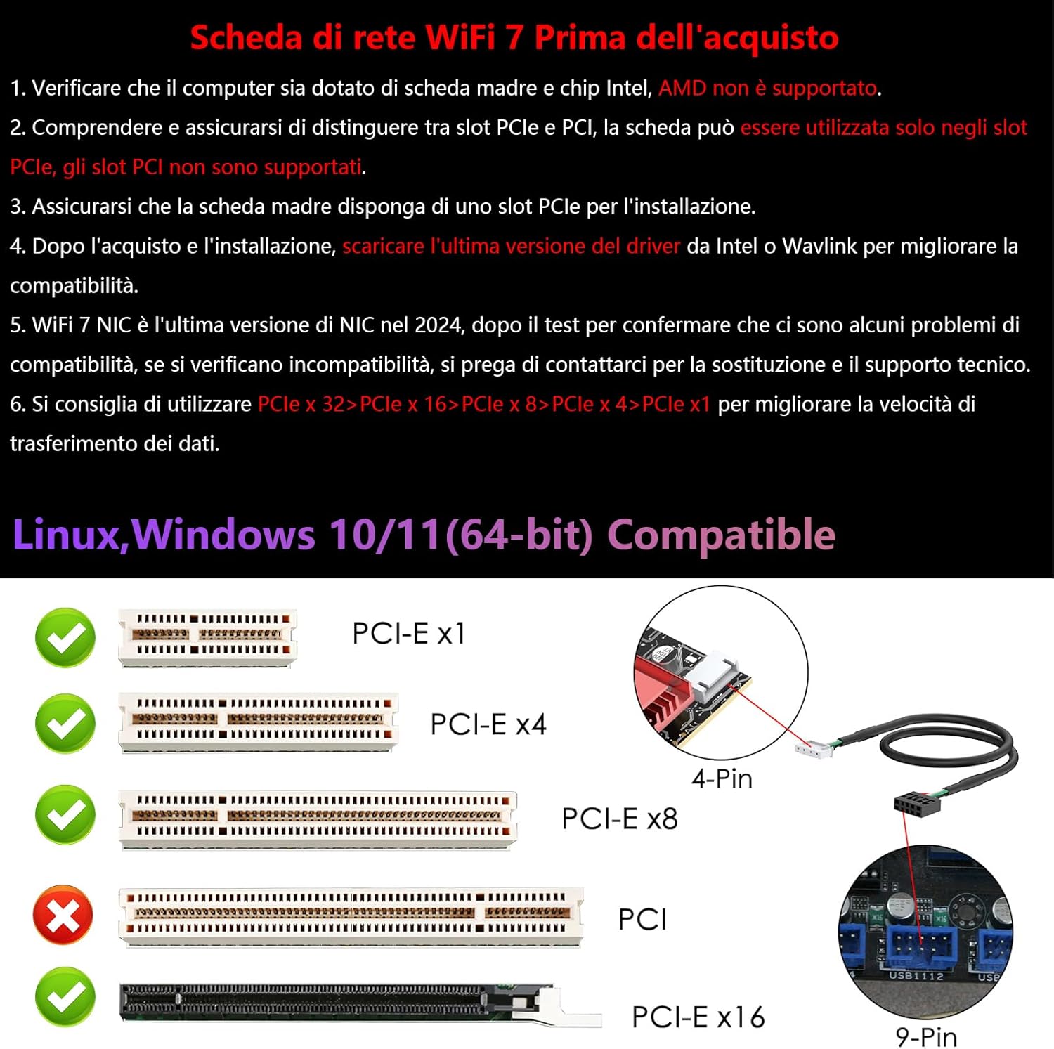 WAVLINK WIFI 7 PCIE BE8800 PC Desktop PC, three-band Wireless Be200 adapter with Bluetooth 5.4, Mus-Mimo, WPA3, for Windows 10/11 (64bit), not supported AMD motherboard