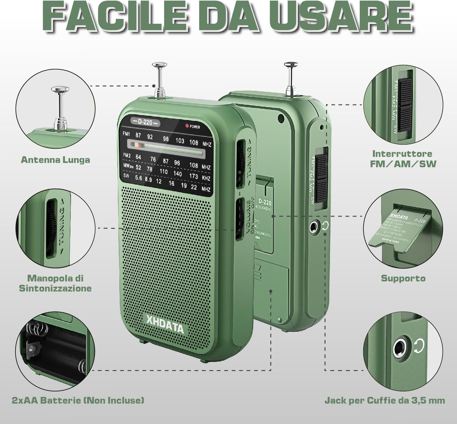 XHDATA D220 Portable Radio AM FM SW Battery Operated Radio, Shortwave Radio, Excellent Reception Transistor Radio, Pocket Radio for Gift, Family, Elderly (Green)