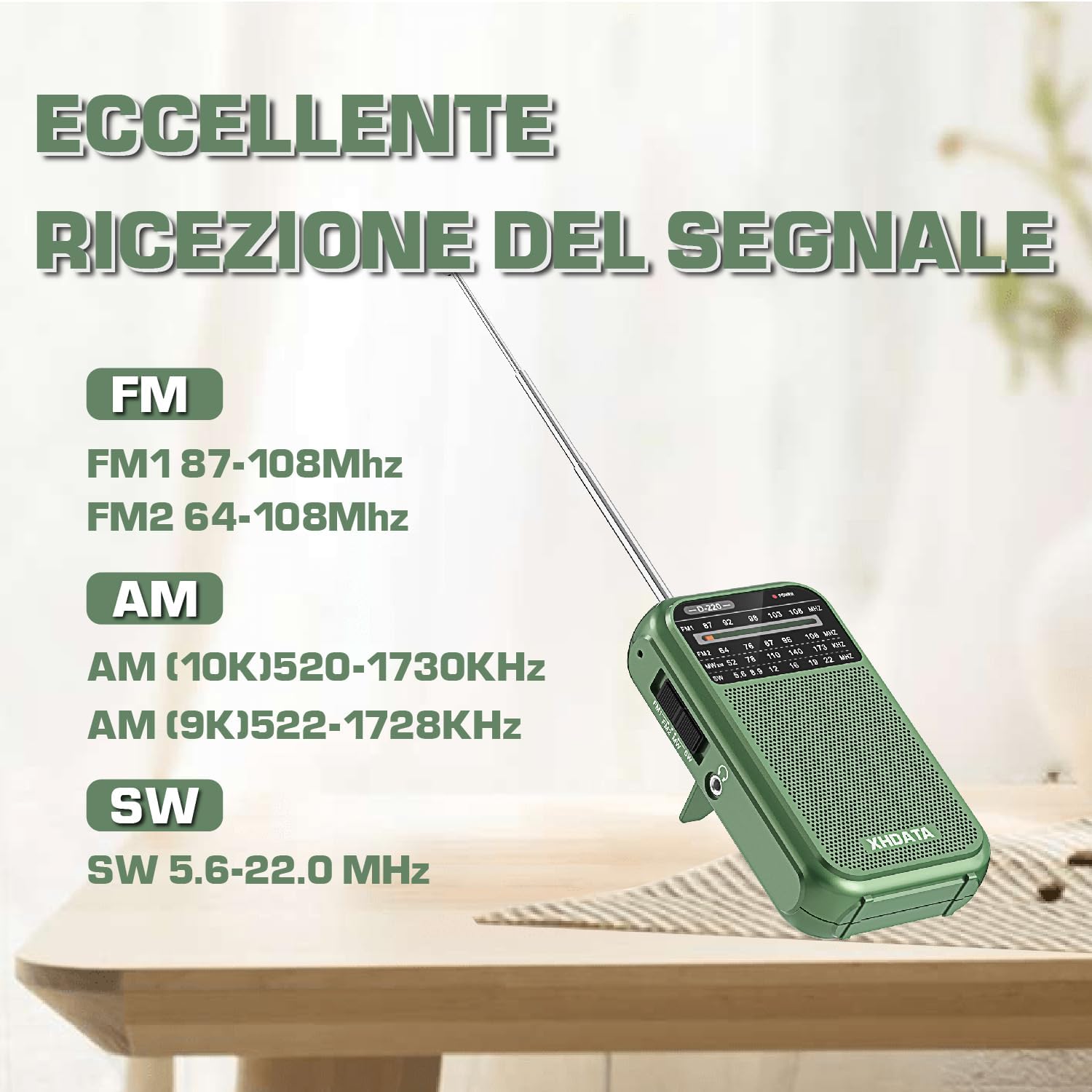 XHDATA D220 Portable Radio AM FM SW Battery Operated Radio, Shortwave Radio, Excellent Reception Transistor Radio, Pocket Radio for Gift, Family, Elderly (Green)