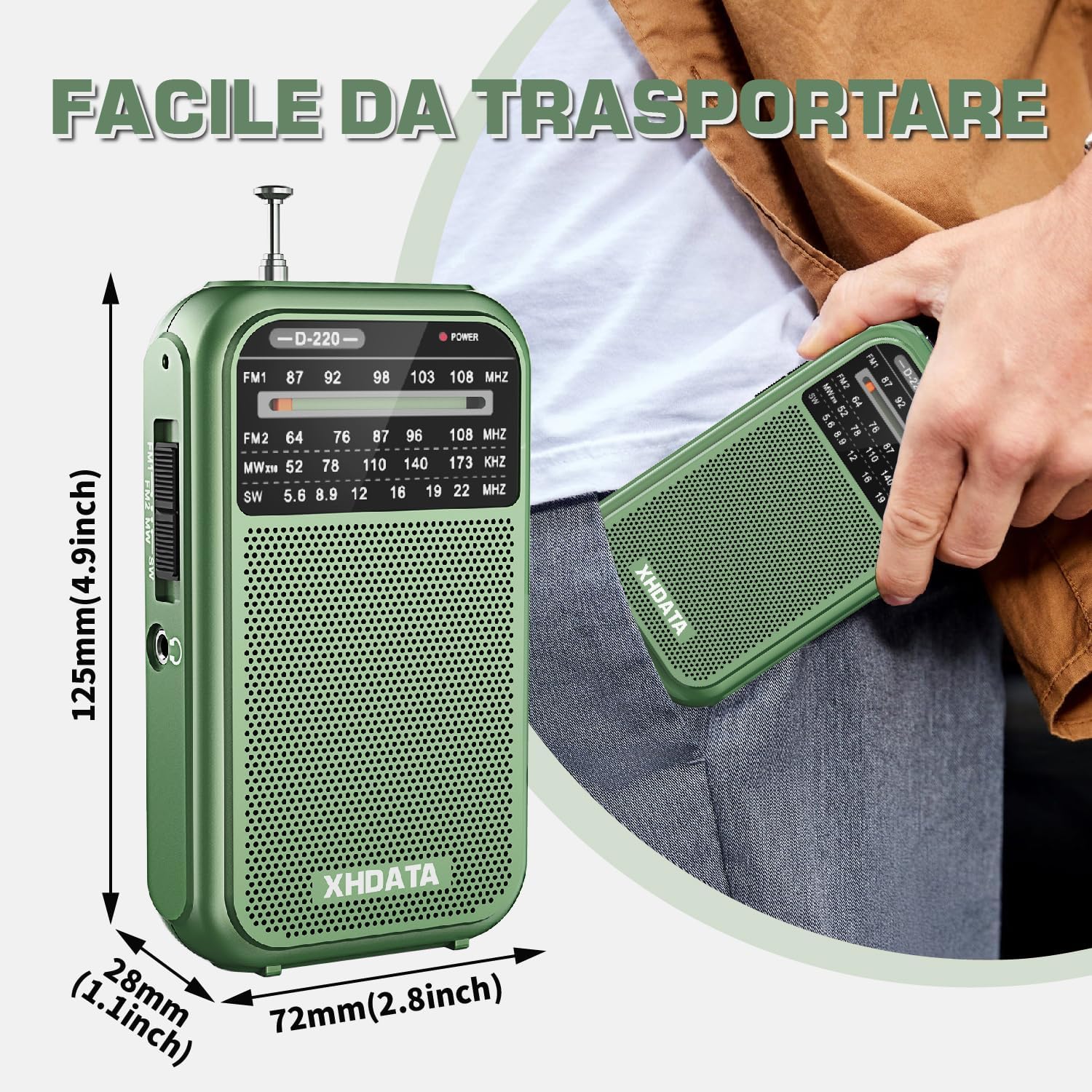 XHDATA D220 Portable Radio AM FM SW Battery Operated Radio, Shortwave Radio, Excellent Reception Transistor Radio, Pocket Radio for Gift, Family, Elderly (Green)