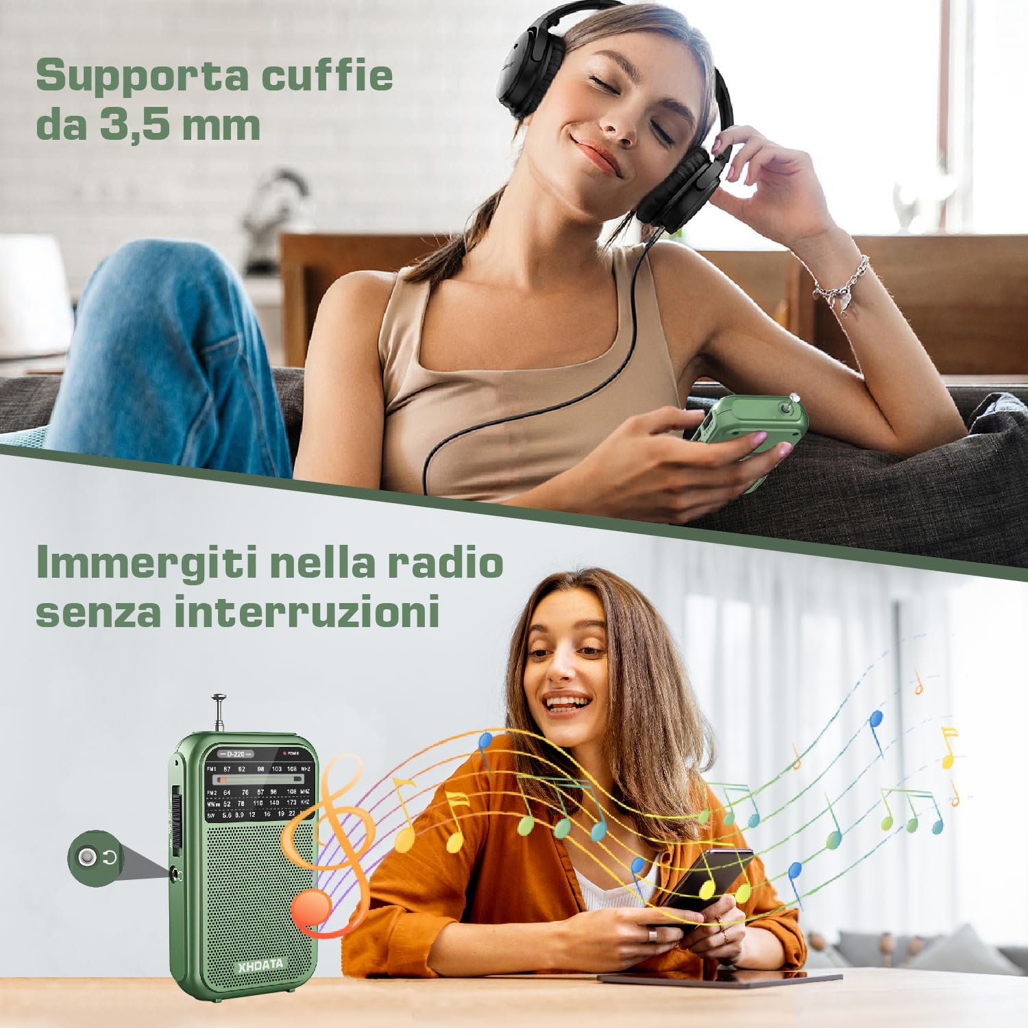 XHDATA D220 Portable Radio AM FM SW Battery Operated Radio, Shortwave Radio, Excellent Reception Transistor Radio, Pocket Radio for Gift, Family, Elderly (Green)