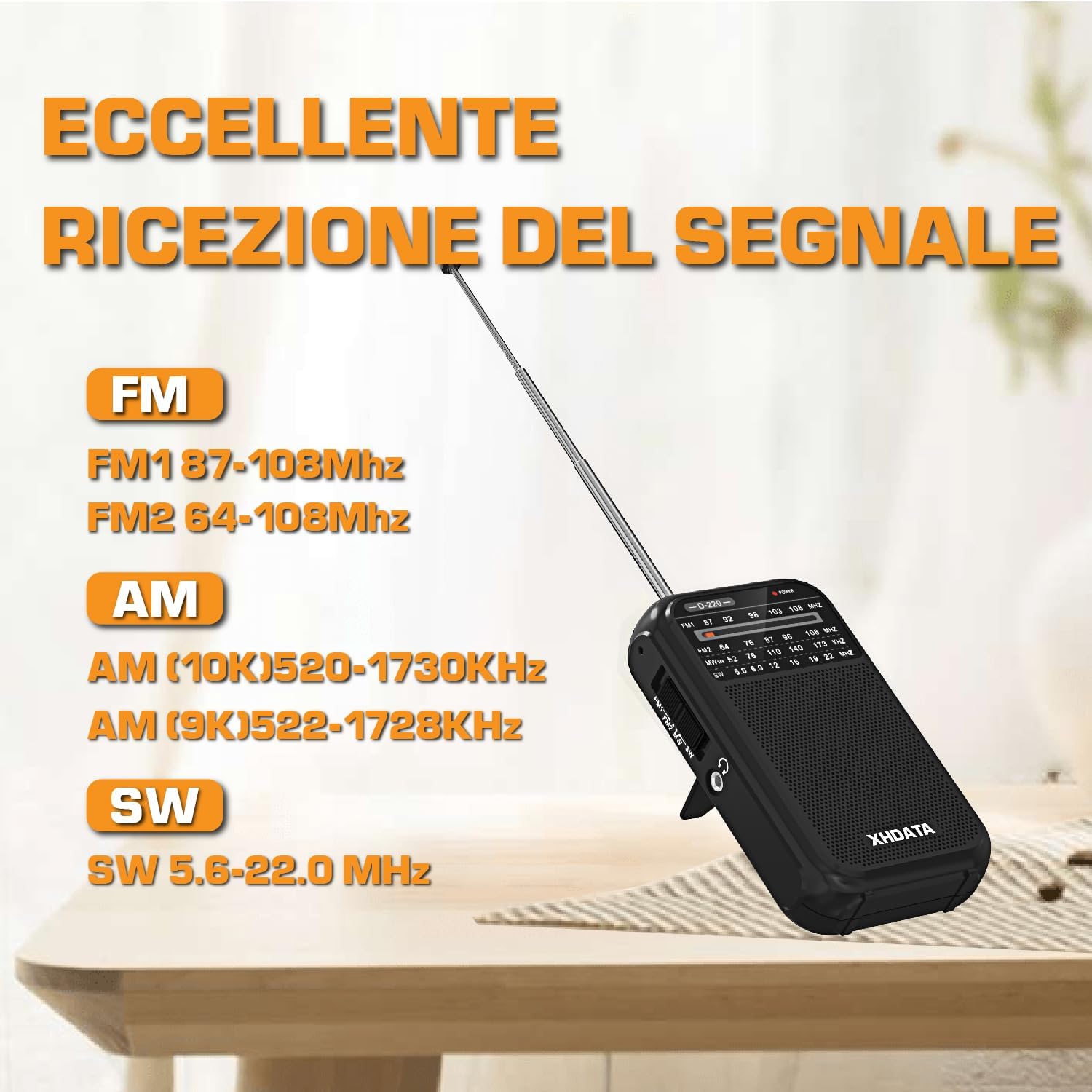 XHDATA D220 Portable Radio FM AM SW, Portable FM Radio, Mini Portable Radio with Headphone Jack, Supports Rechargeable Batteries (AA), for Home, Gift, Family, Elderly (Black)