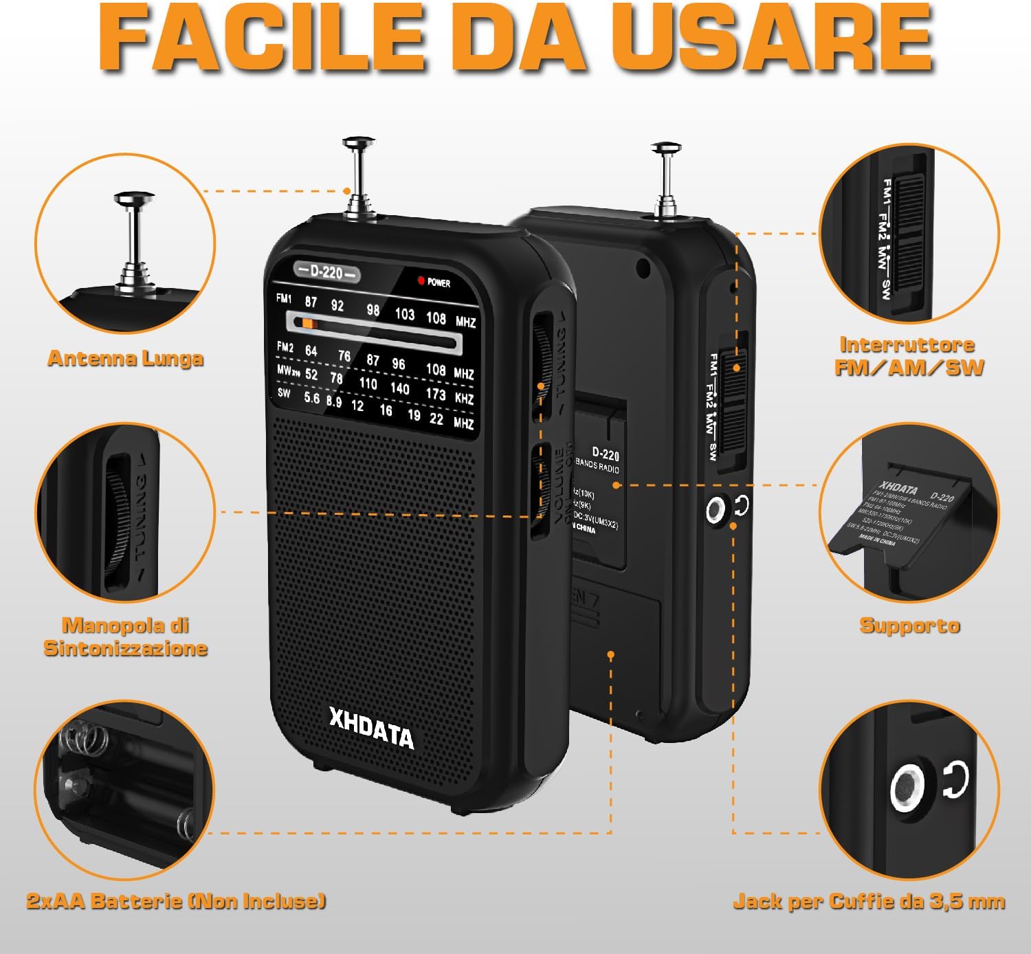 XHDATA D220 Portable Radio FM AM SW, Portable FM Radio, Mini Portable Radio with Headphone Jack, Supports Rechargeable Batteries (AA), for Home, Gift, Family, Elderly (Black)