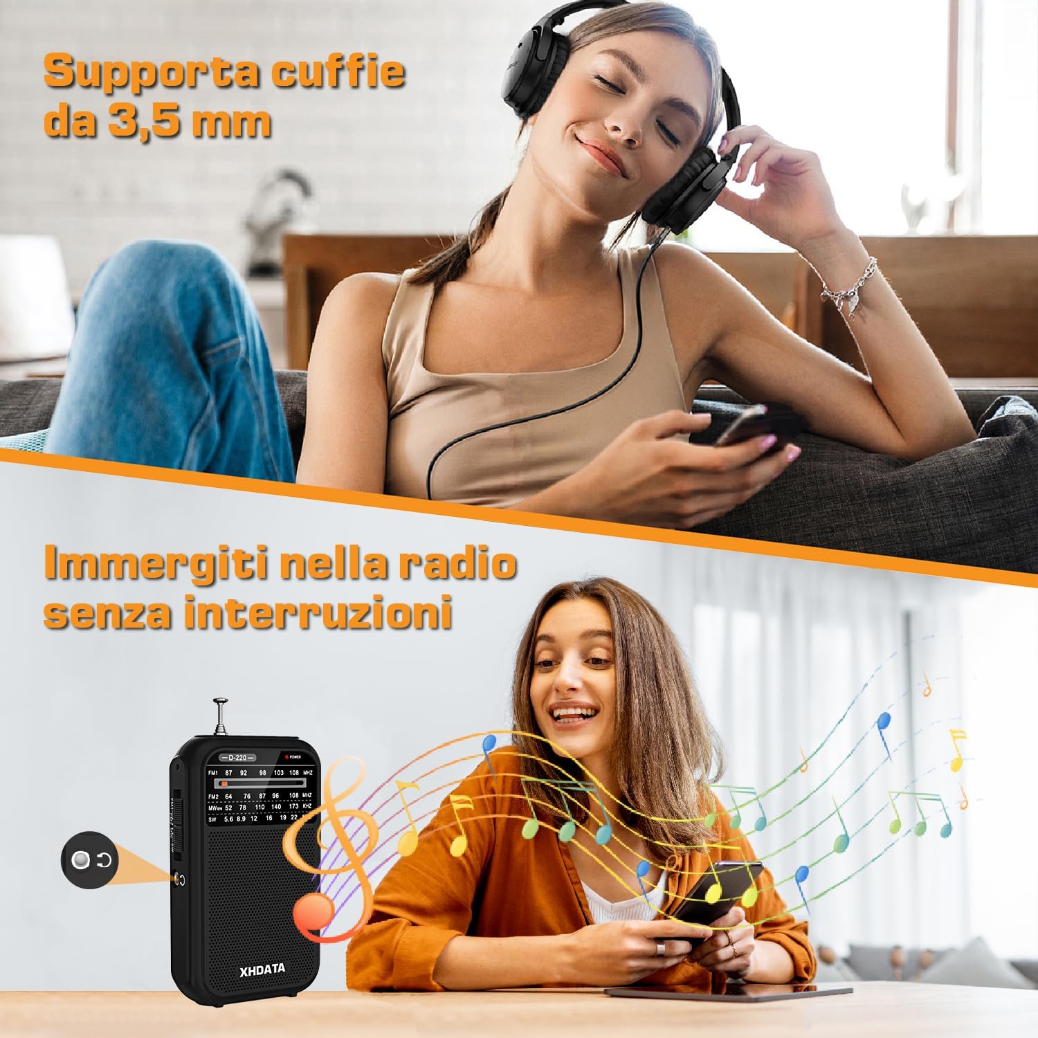 XHDATA D220 Portable Radio FM AM SW, Portable FM Radio, Mini Portable Radio with Headphone Jack, Supports Rechargeable Batteries (AA), for Home, Gift, Family, Elderly (Black)