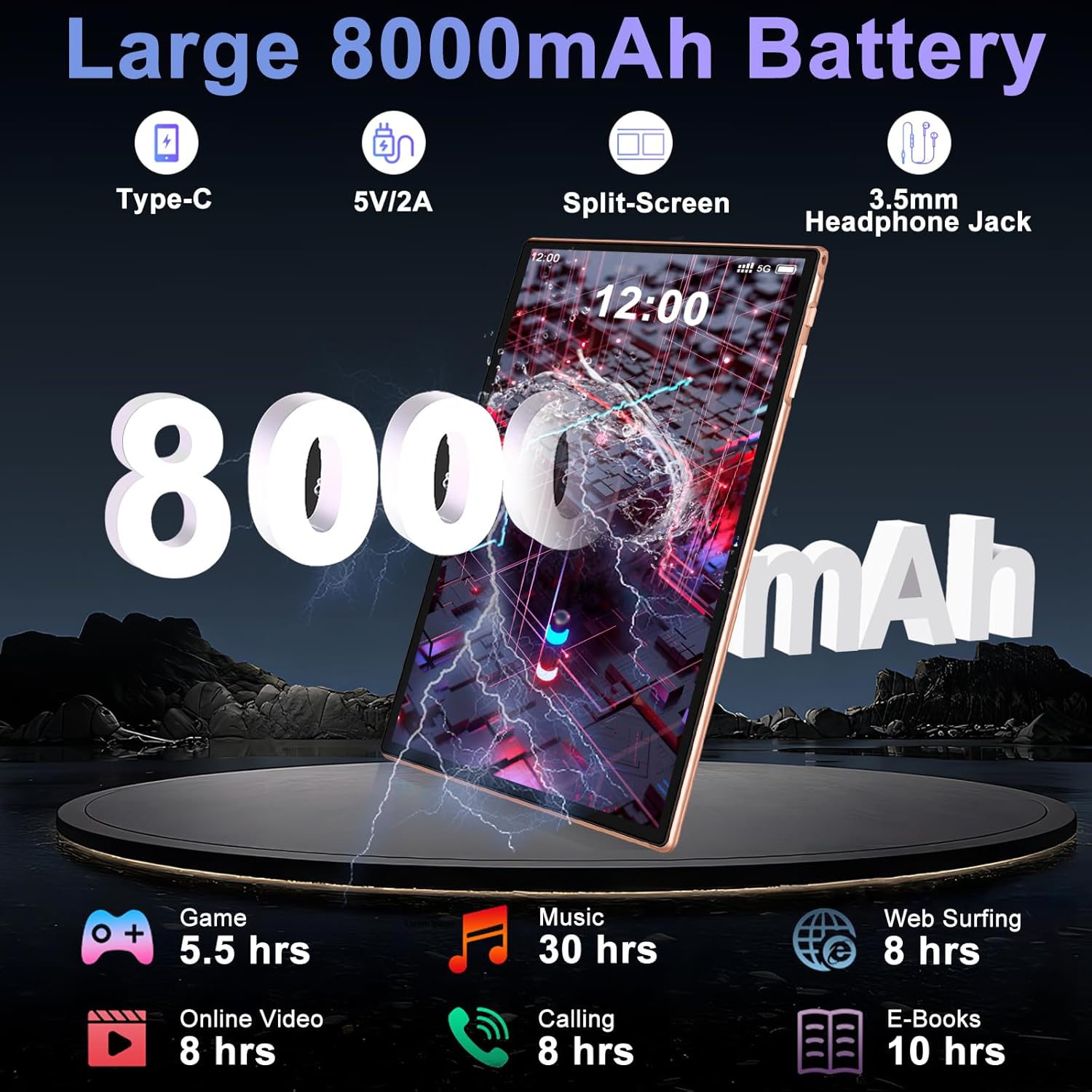 10 Inch Android Tablet, 5G WiFi Octa-Core 2.0GHz, 22GB RAM+128GB ROM(TF 2TB), 8000mAh, 8MP+5MP, BT5.0/GMS/Widevine L1/GPS/Tablet with Keyboard and Mouse - Rose Gold