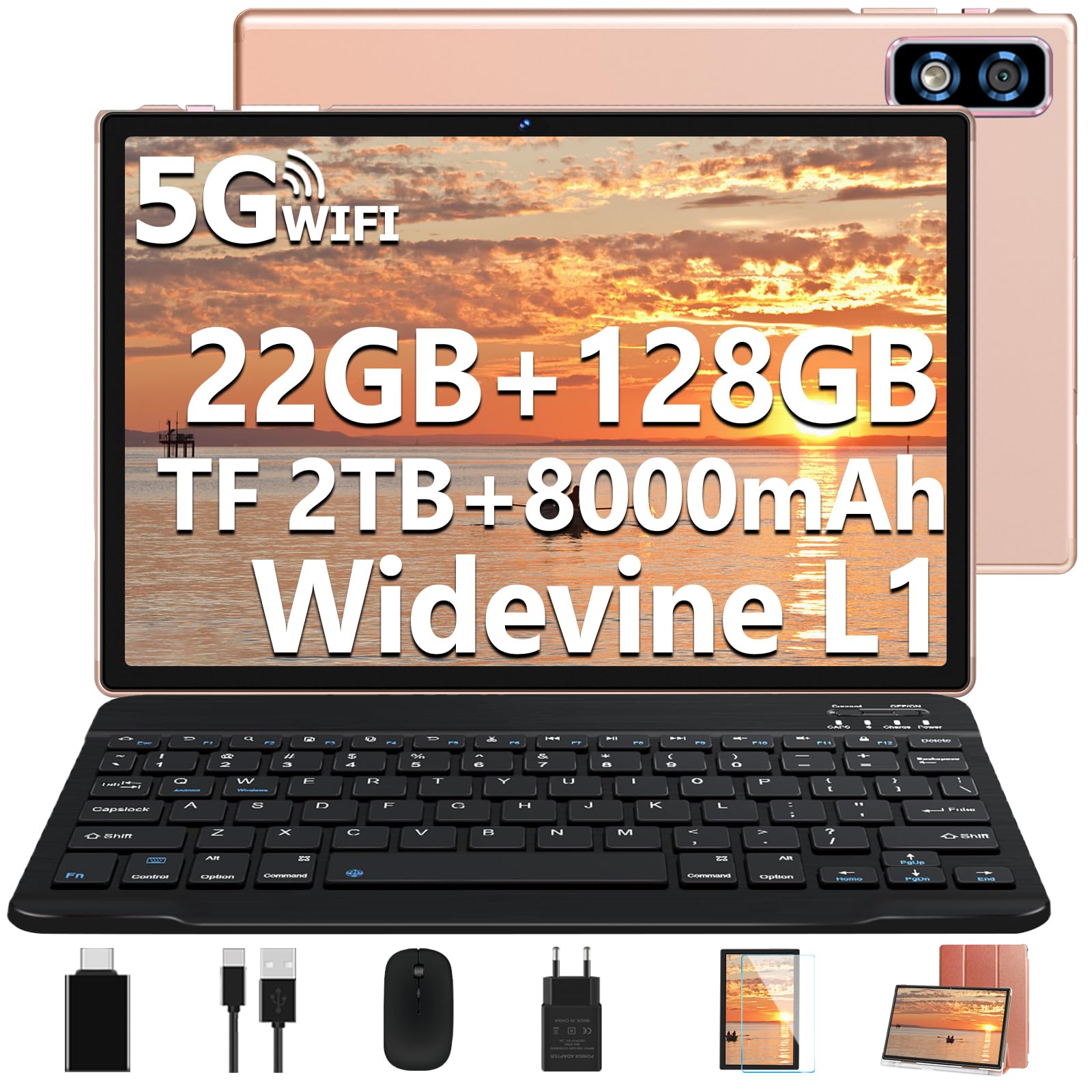 10 Inch Android Tablet, 5G WiFi Octa-Core 2.0GHz, 22GB RAM+128GB ROM(TF 2TB), 8000mAh, 8MP+5MP, BT5.0/GMS/Widevine L1/GPS/Tablet with Keyboard and Mouse - Rose Gold