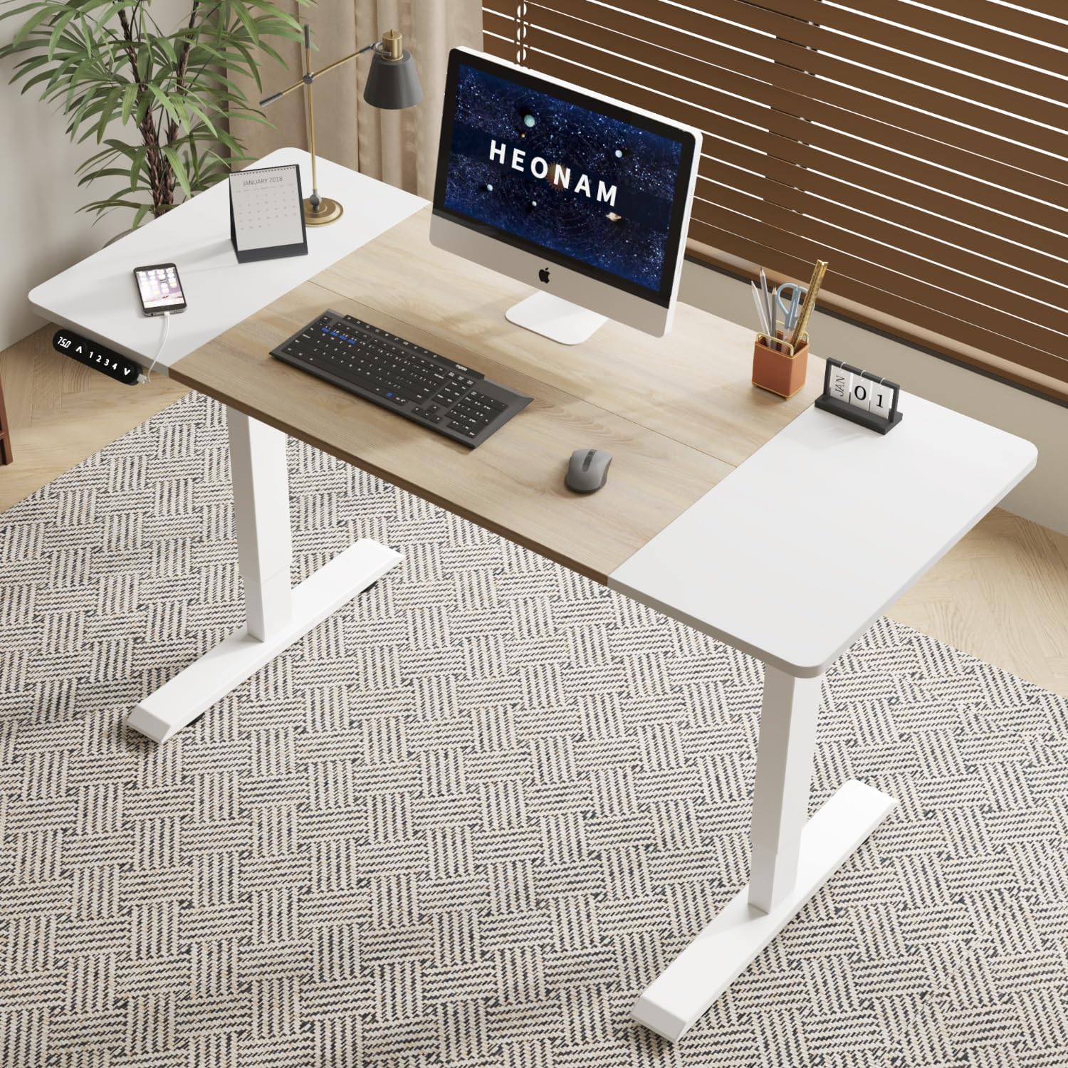 55 Inch Computer Desk with Power Outlets and USB Ports, Large Office Desk for Home Office, Modern Writing Table with Sturdy Frame Oak+white 55 x 24''