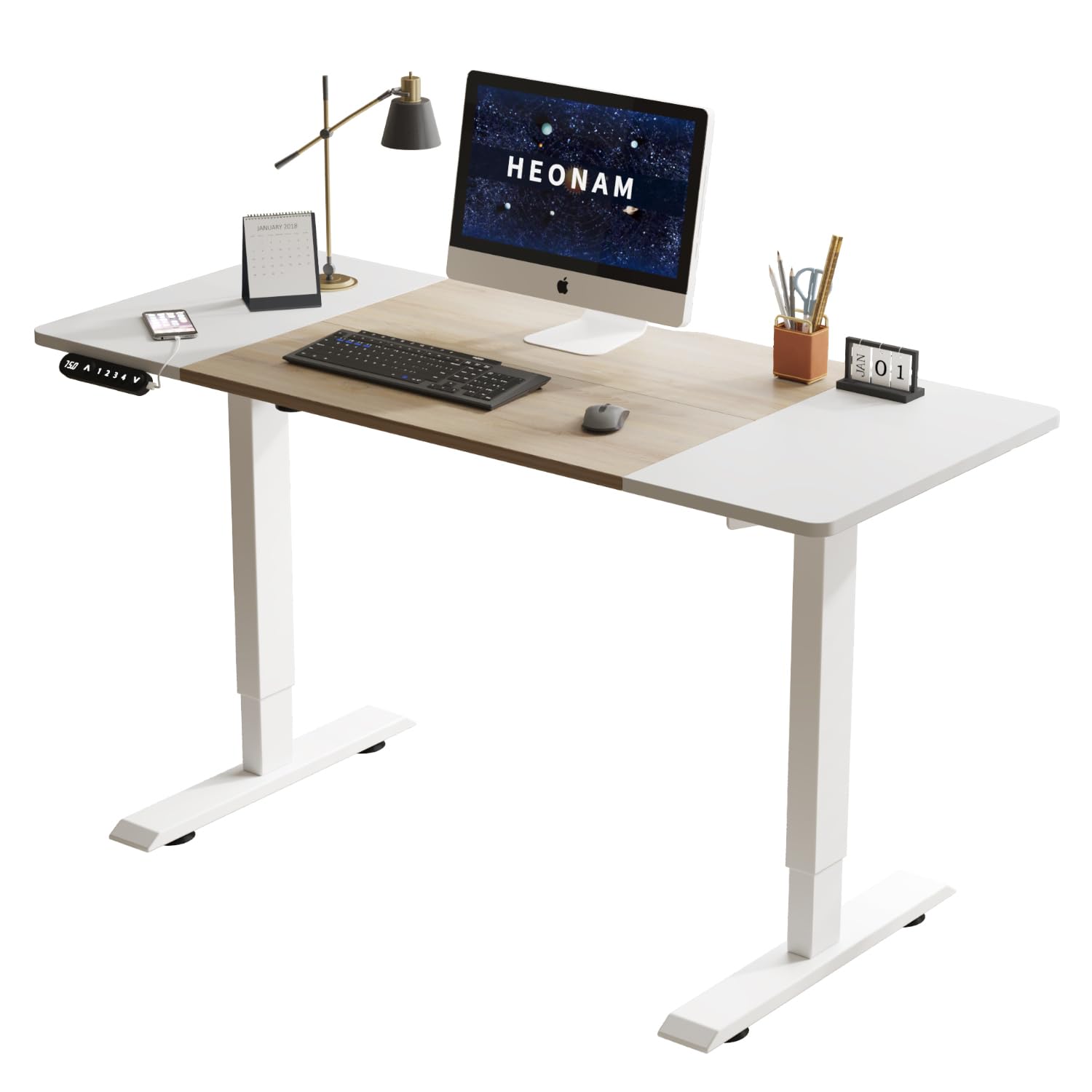 55 Inch Computer Desk with Power Outlets and USB Ports, Large Office Desk for Home Office, Modern Writing Table with Sturdy Frame Oak+white 55 x 24''