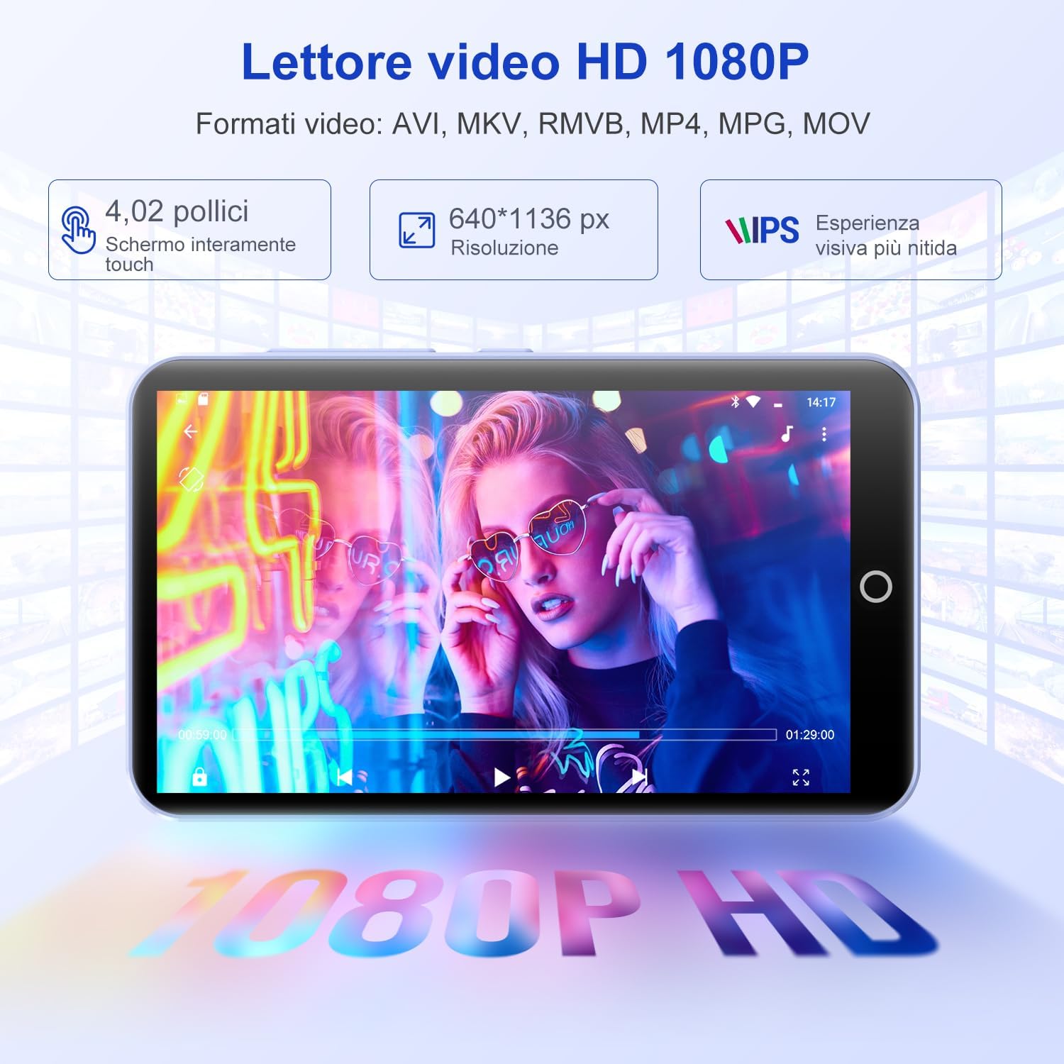 96GB MP3 Player with Bluetooth and WiFi, 4.02 inch Touchscreen, MP4 MP3 Player, Portable Android MP3 Player with Spotify, Audible, Amazon Music, Deezer, HiFi Music Player with 96GB Violetta