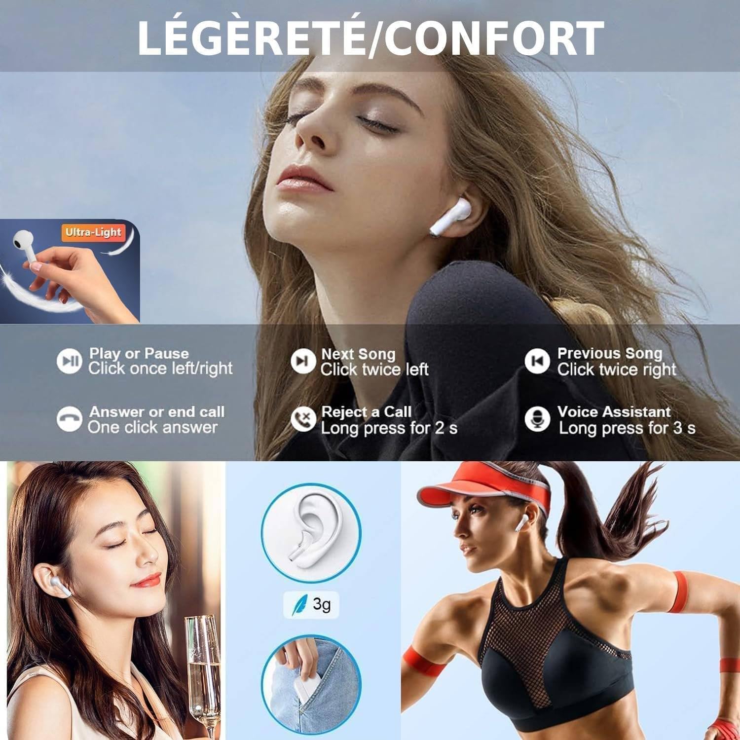 Airpots Bluetooth Headphones, Bluetooth 5.3 Earphones, In Ear Wireless Earphone with HD HiFi Stereo Microphones and Touch Control, IPX7 Waterproof Air Buds Pods for IOS/Android/Samsung/Huawei