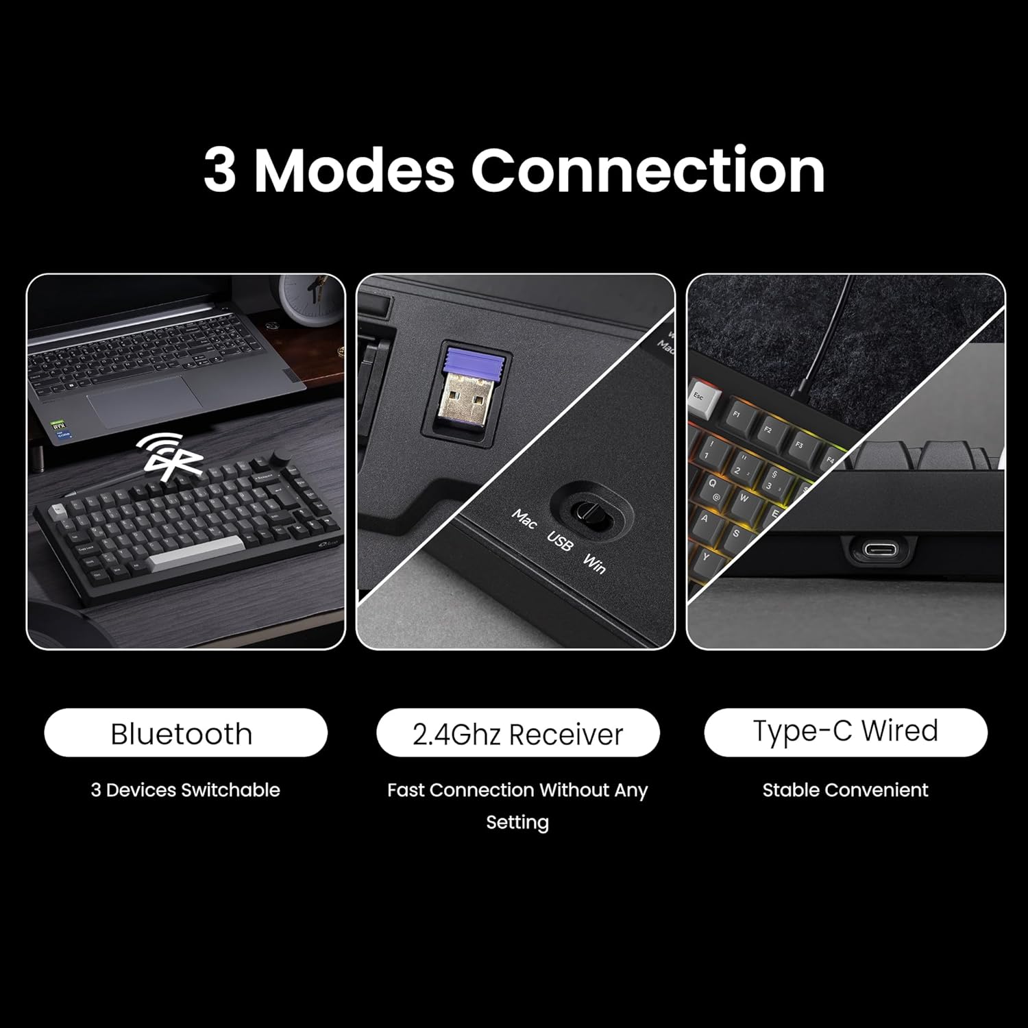 Akko 5075B Plus VIA Wireless Keyboard, 3 Modes, 75% ISO Layout, Gaming Keyboard, Hot-swappable RGB, Cherry PBT Keys, Rotary Knob for Win/Mac (Black-Silver, V3-Purple) 75% | ISO-DE/UK/Nordic Black Silver | Purple V3