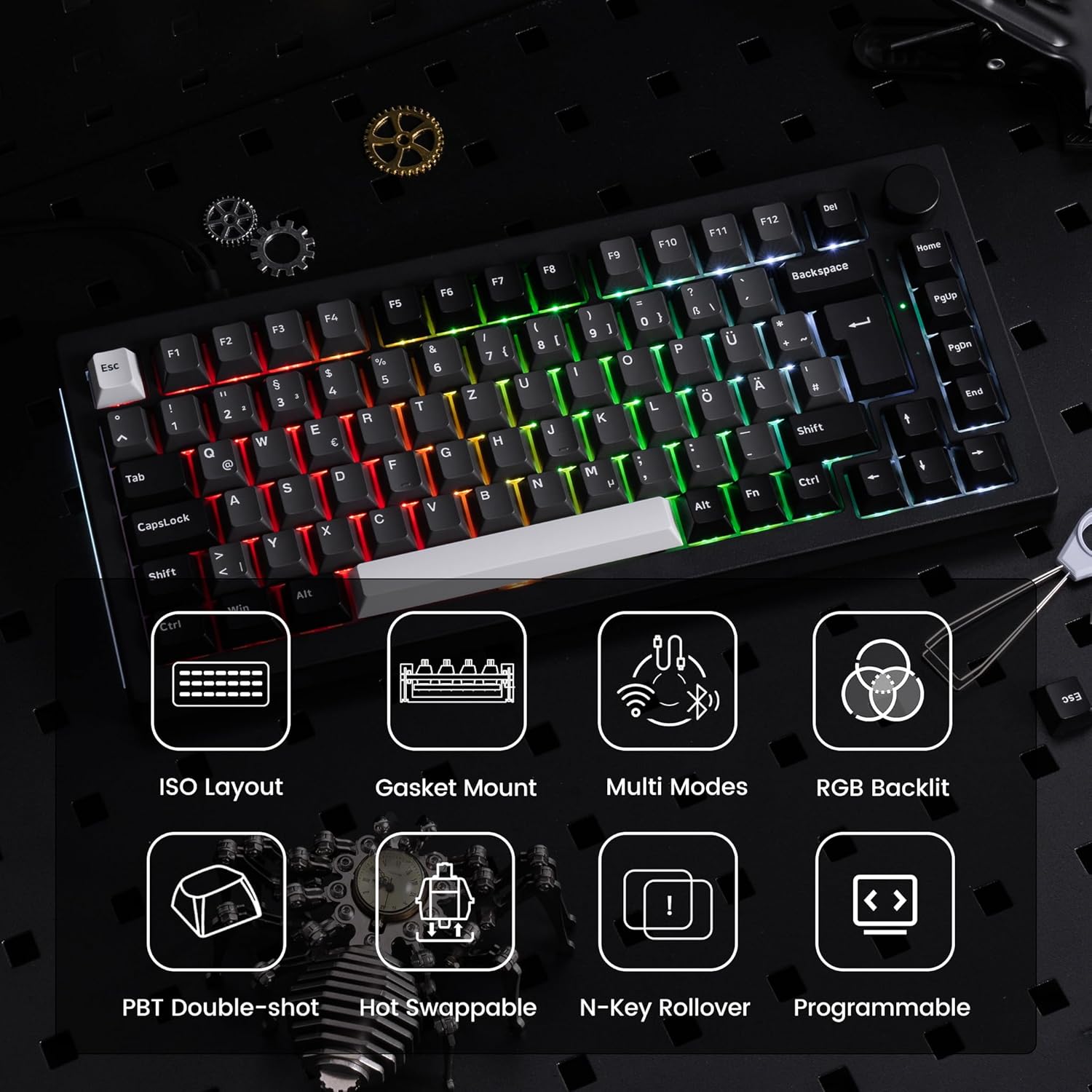 Akko 5075B Plus VIA Wireless Keyboard, 3 Modes, 75% ISO Layout, Gaming Keyboard, Hot-swappable RGB, Cherry PBT Keys, Rotary Knob for Win/Mac (Black-Silver, V3-Purple) 75% | ISO-DE/UK/Nordic Black Silver | Purple V3