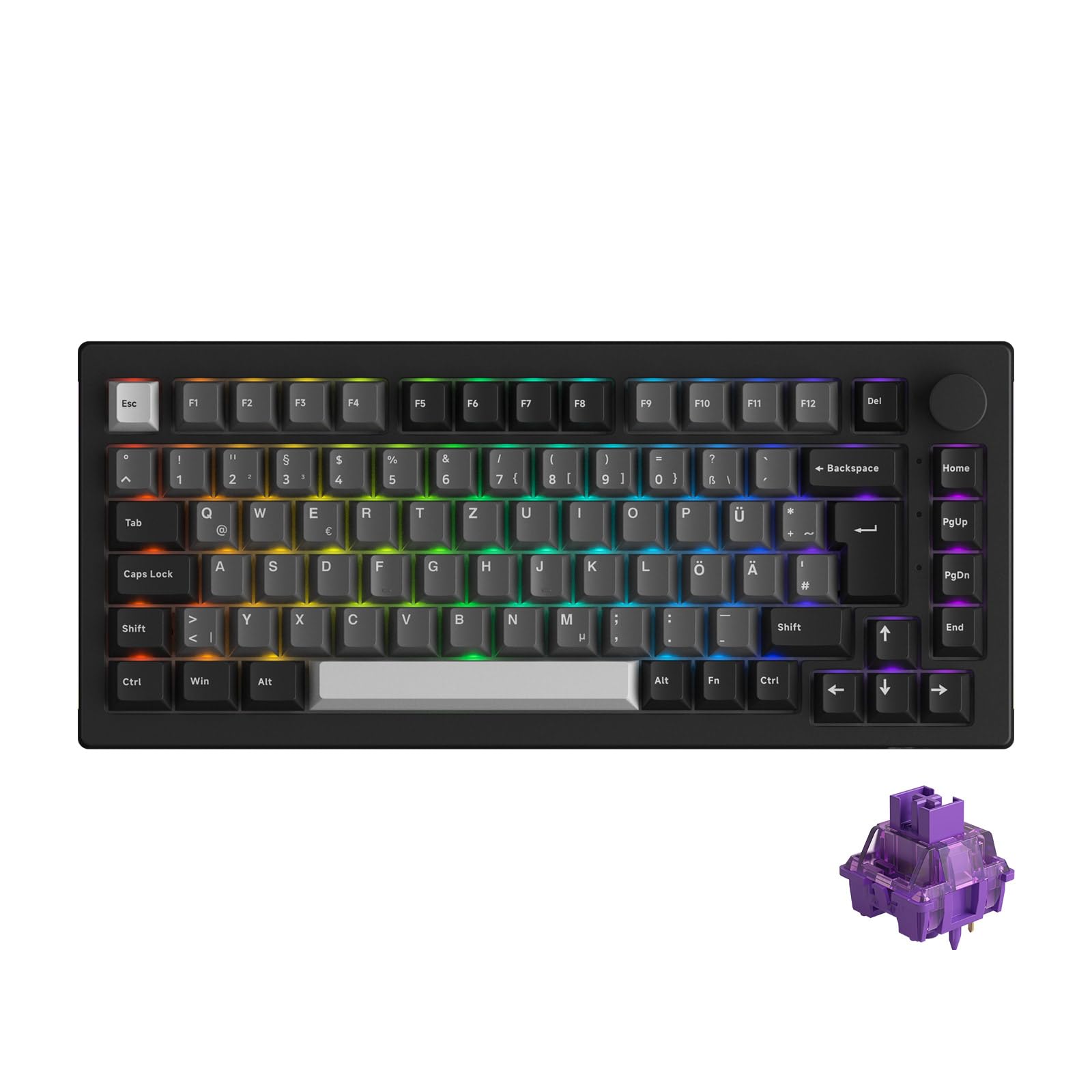 Akko 5075B Plus VIA Wireless Keyboard, 3 Modes, 75% ISO Layout, Gaming Keyboard, Hot-swappable RGB, Cherry PBT Keys, Rotary Knob for Win/Mac (Black-Silver, V3-Purple) 75% | ISO-DE/UK/Nordic Black Silver | Purple V3