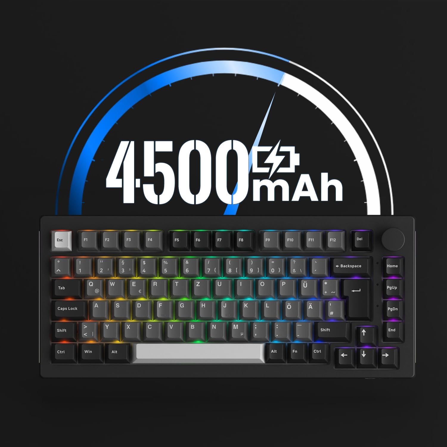 Akko 5075B Plus VIA Wireless Keyboard, 3 Modes, 75% ISO Layout, Gaming Keyboard, Hot-swappable RGB, Cherry PBT Keys, Rotary Knob for Win/Mac (Black-Silver, V3-Purple) 75% | ISO-DE/UK/Nordic Black Silver | Purple V3