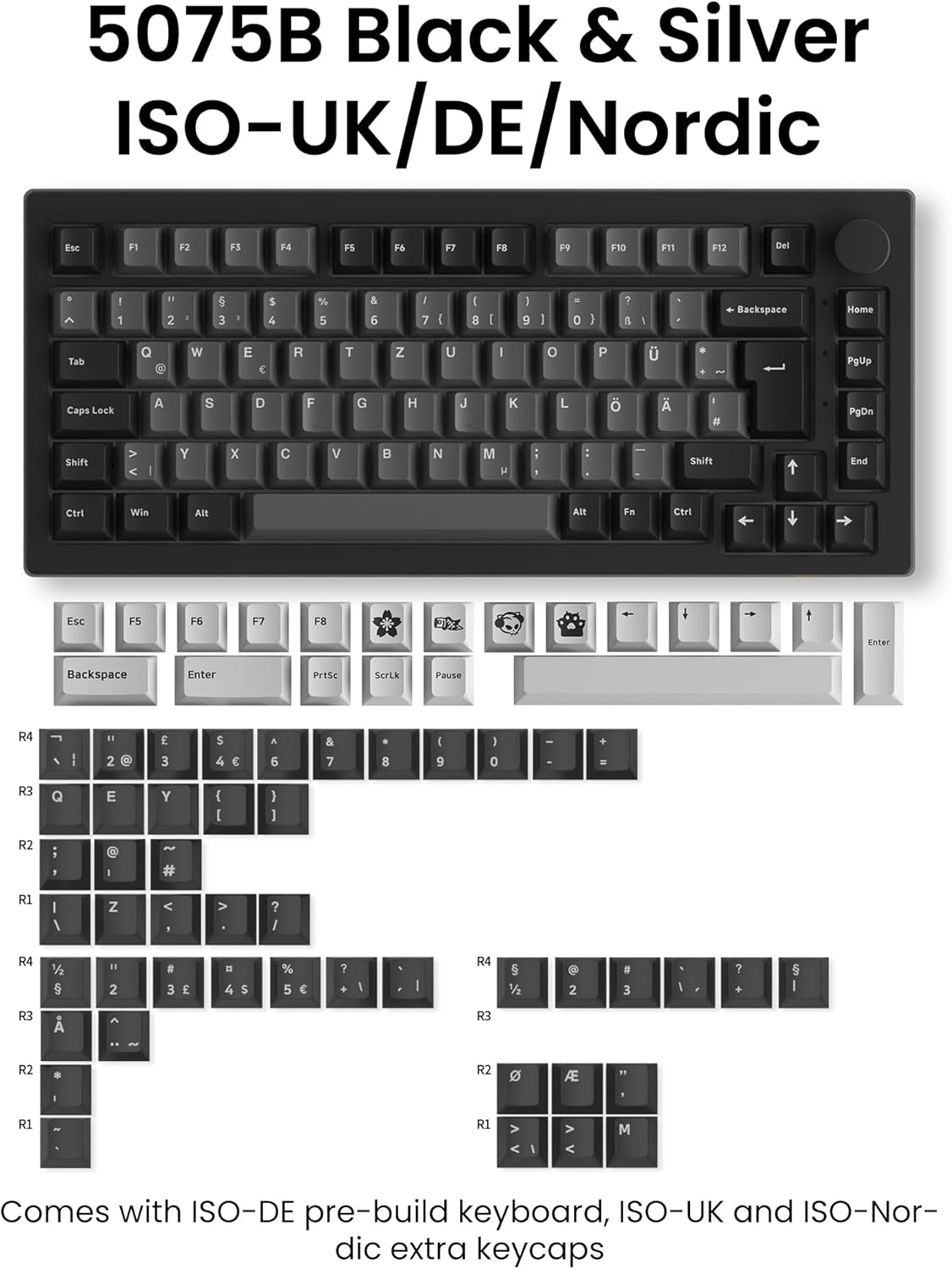 Akko 5075B Plus VIA Wireless Keyboard, 3 Modes, 75% ISO Layout, Gaming Keyboard, Hot-swappable RGB, Cherry PBT Keys, Rotary Knob for Win/Mac (Black-Silver, V3-Purple) 75% | ISO-DE/UK/Nordic Black Silver | Purple V3