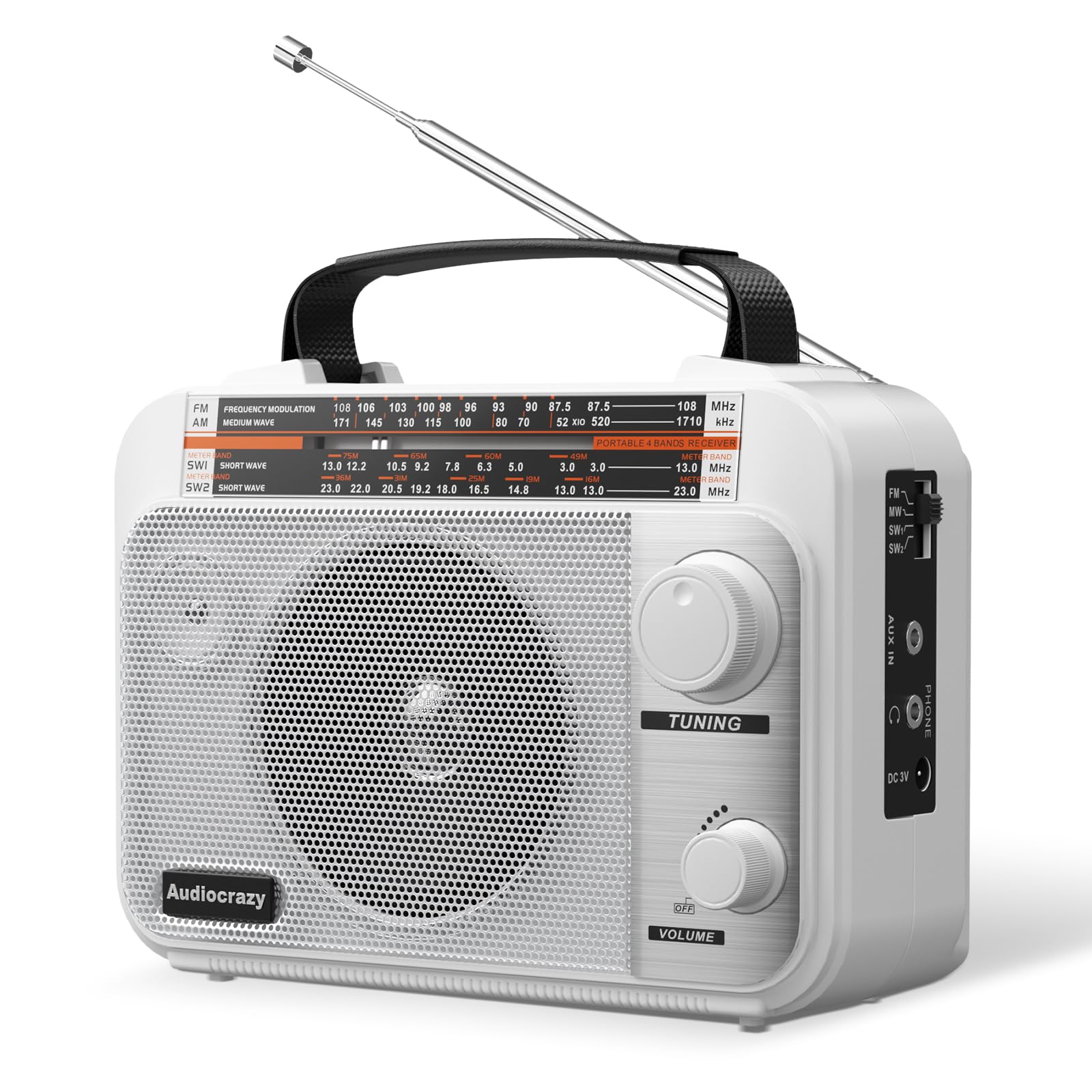 AM/FM/SW1-2 Multiband Portable Radio with 1800 mAh Rechargeable Battery, AC Cable or Battery-Powered Portable FM Radio, Speakers, Headphone Jack, White AUX Input