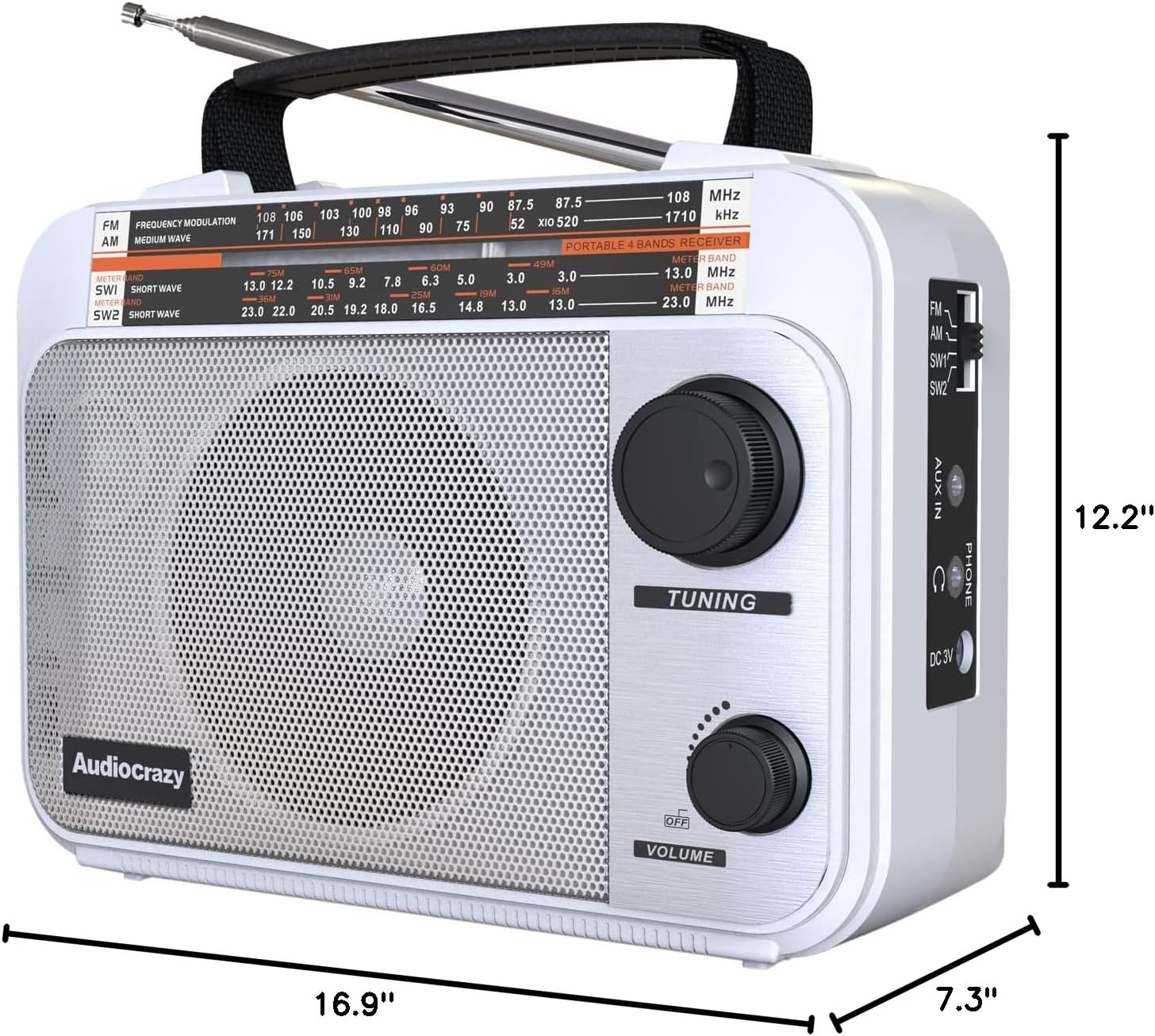 AM/FM/SW1-2 Multiband Portable Radio with 1800 mAh Rechargeable Battery, AC Cable or Battery-Powered Portable FM Radio, Speakers, Headphone Jack, White AUX Input