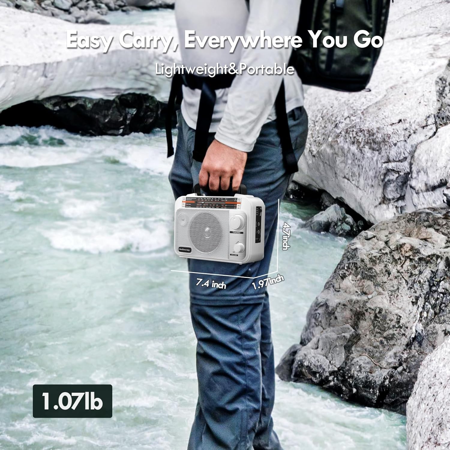 AM/FM/SW1-2 Multiband Portable Radio with 1800 mAh Rechargeable Battery, AC Cable or Battery-Powered Portable FM Radio, Speakers, Headphone Jack, White AUX Input