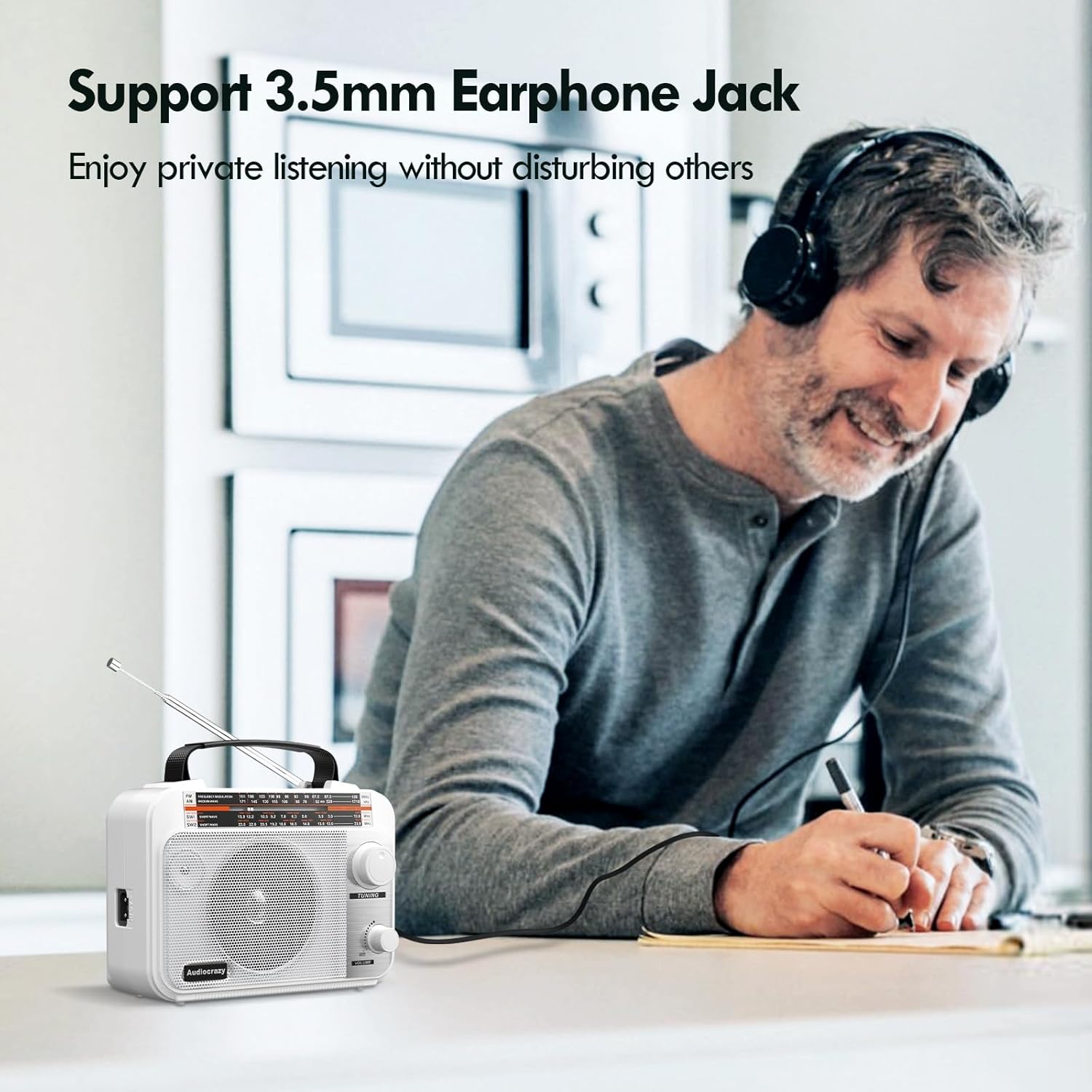 AM/FM/SW1-2 Multiband Portable Radio with 1800 mAh Rechargeable Battery, AC Cable or Battery-Powered Portable FM Radio, Speakers, Headphone Jack, White AUX Input