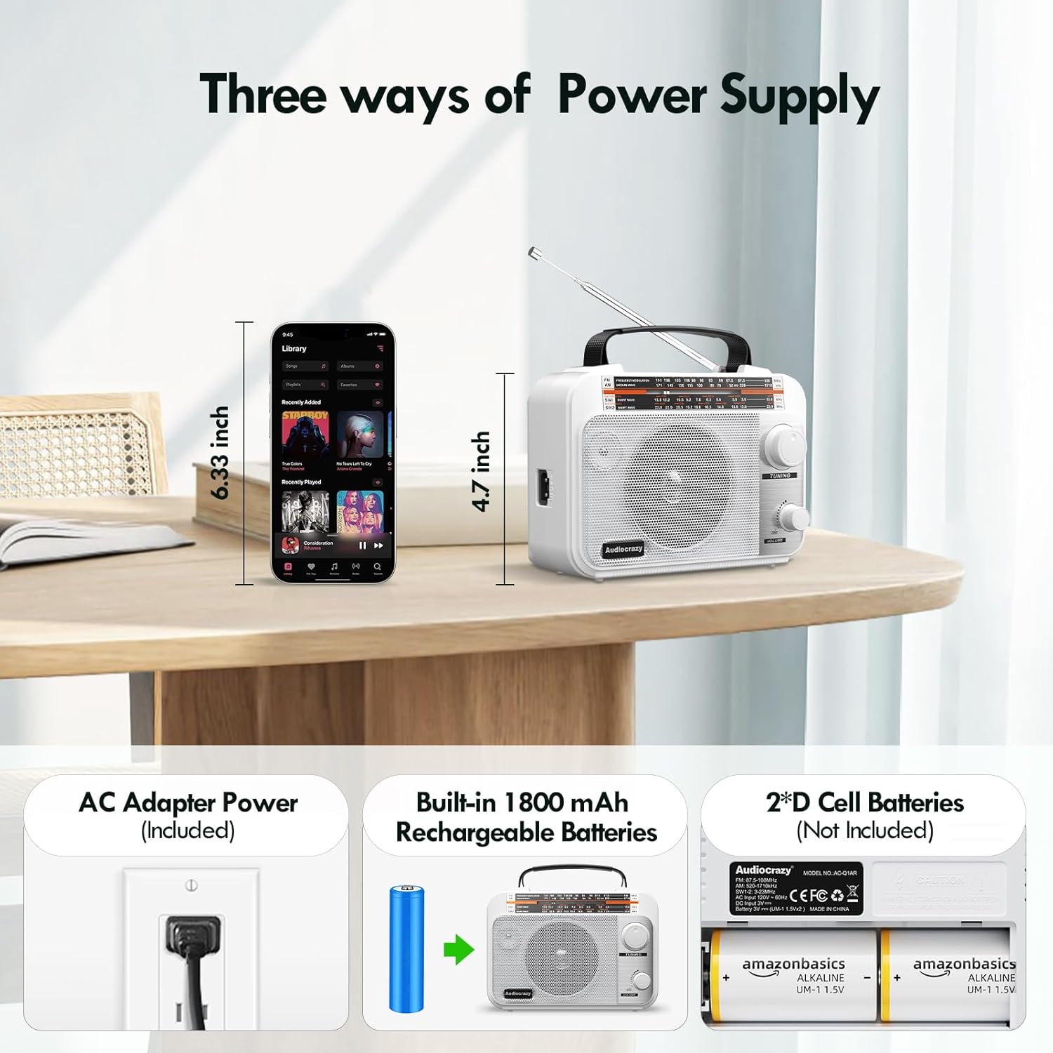 AM/FM/SW1-2 Multiband Portable Radio with 1800 mAh Rechargeable Battery, AC Cable or Battery-Powered Portable FM Radio, Speakers, Headphone Jack, White AUX Input