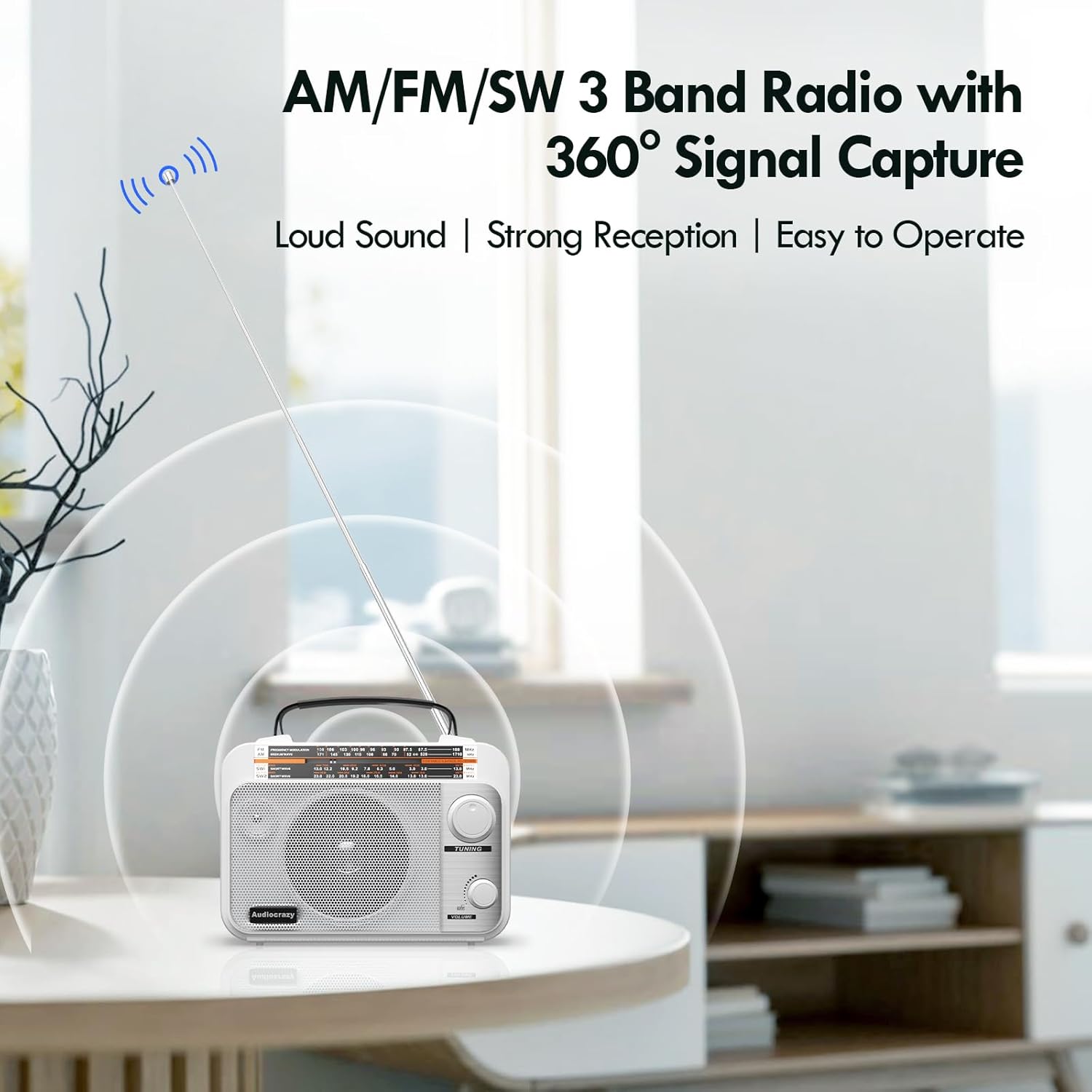 AM/FM/SW1-2 Multiband Portable Radio with 1800 mAh Rechargeable Battery, AC Cable or Battery-Powered Portable FM Radio, Speakers, Headphone Jack, White AUX Input