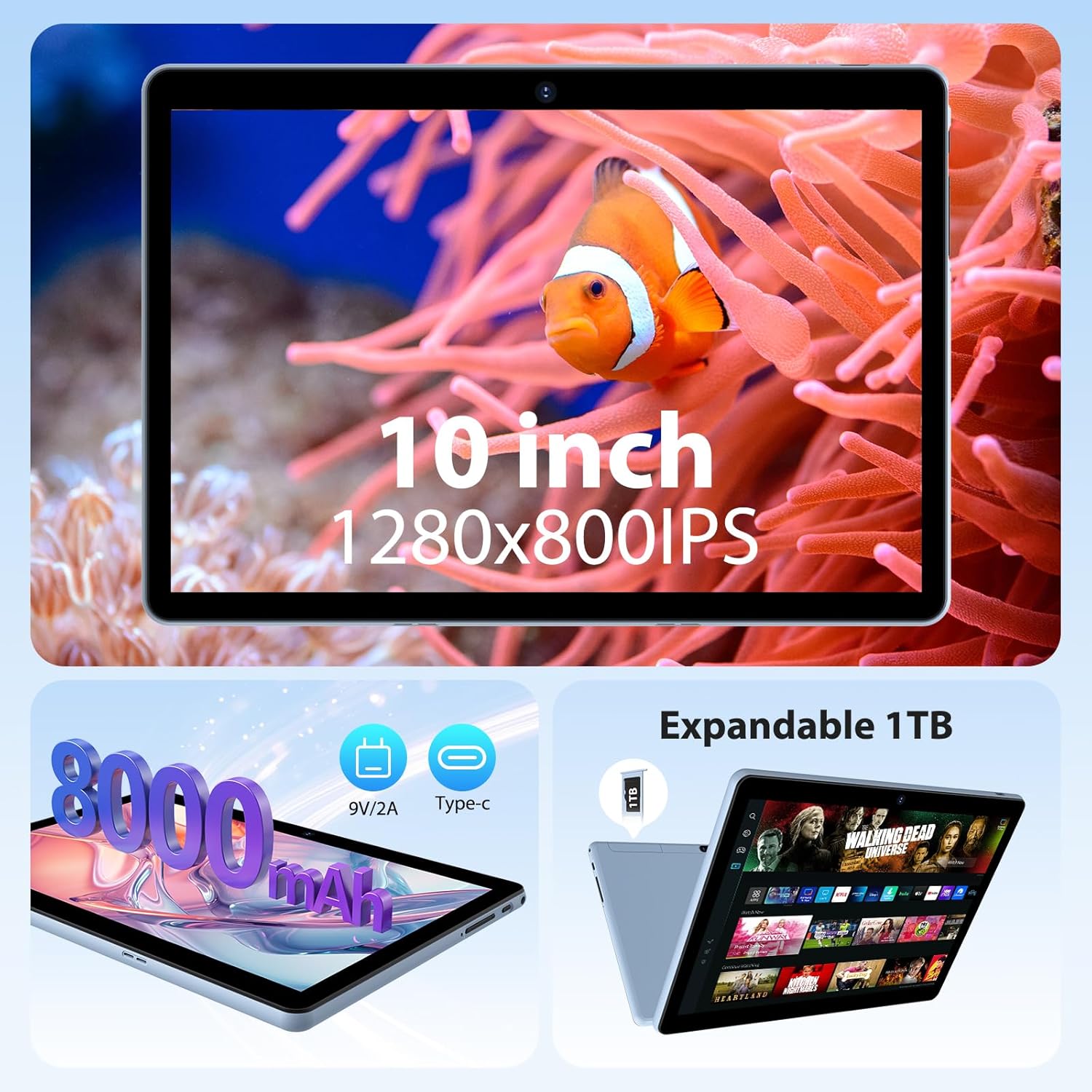 Android Tablet 15,36GB+128GB/1TB 10 Inch Tablet,8000mAh,1280 * 800 IPS,Widevine L1,Face ID/5G WiFi/BT5.0/OTG,Tablets on offer with Keyboard,Mouse,Blue Large L231-blue