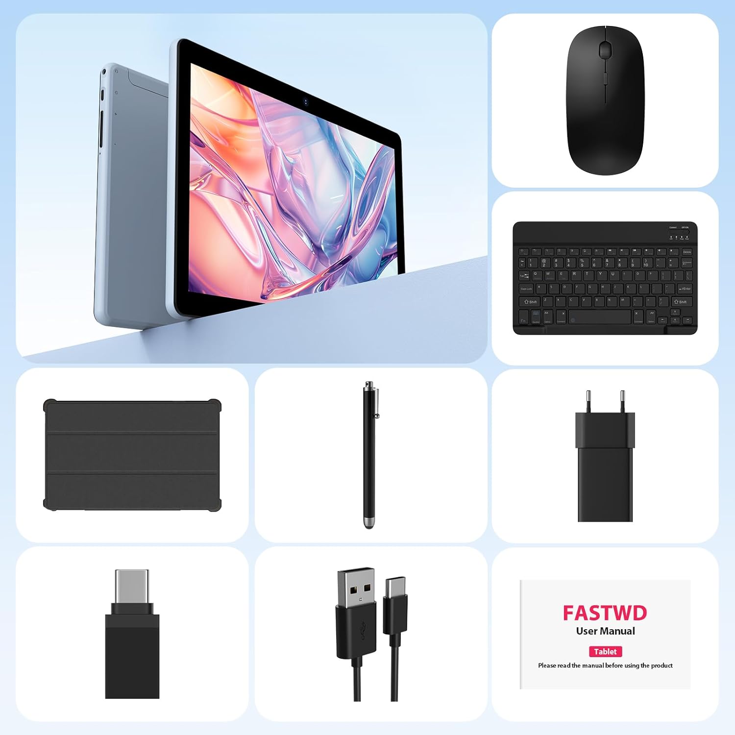 Android Tablet 15,36GB+128GB/1TB 10 Inch Tablet,8000mAh,1280 * 800 IPS,Widevine L1,Face ID/5G WiFi/BT5.0/OTG,Tablets on offer with Keyboard,Mouse,Blue Large L231-blue