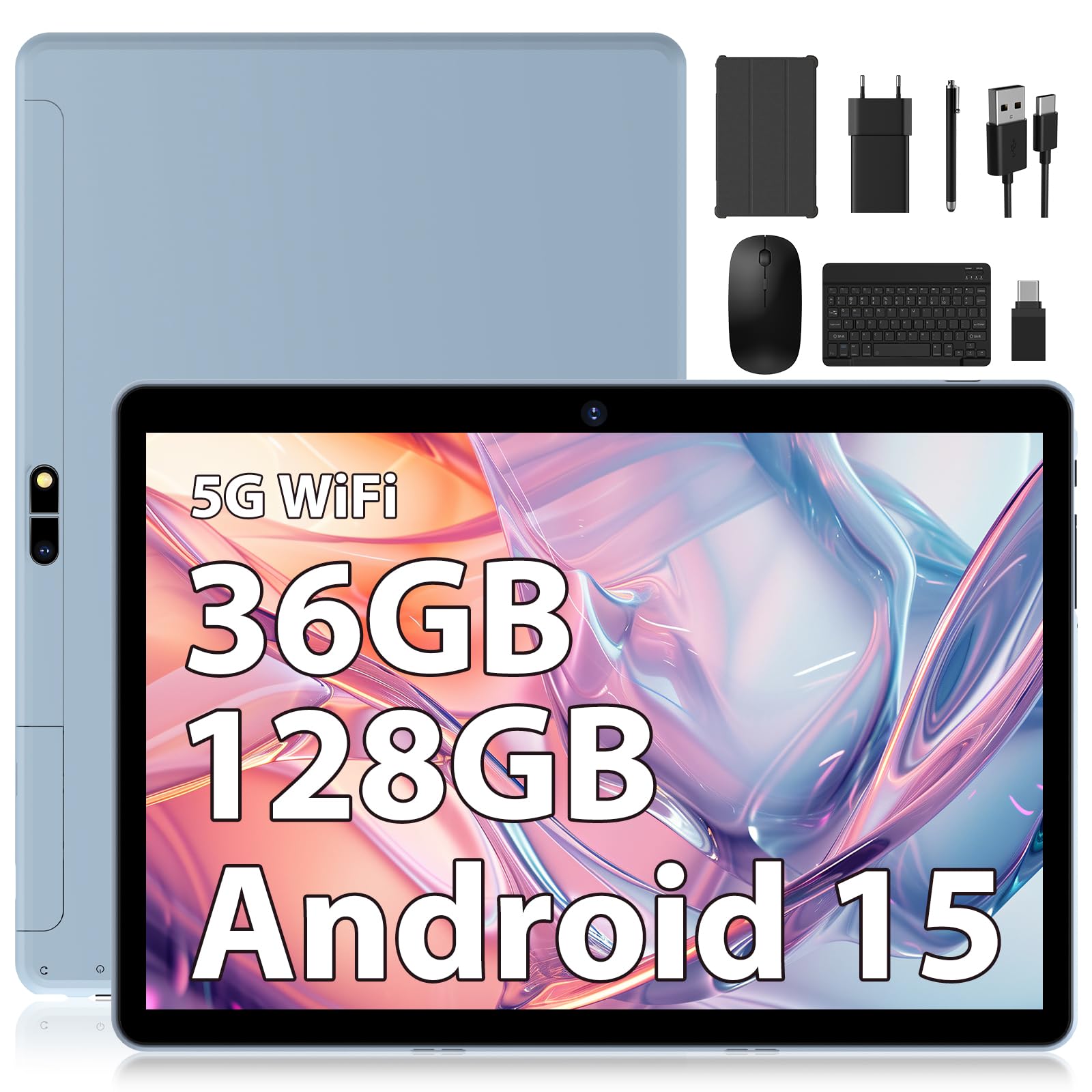 Android Tablet 15,36GB+128GB/1TB 10 Inch Tablet,8000mAh,1280 * 800 IPS,Widevine L1,Face ID/5G WiFi/BT5.0/OTG,Tablets on offer with Keyboard,Mouse,Blue Large L231-blue