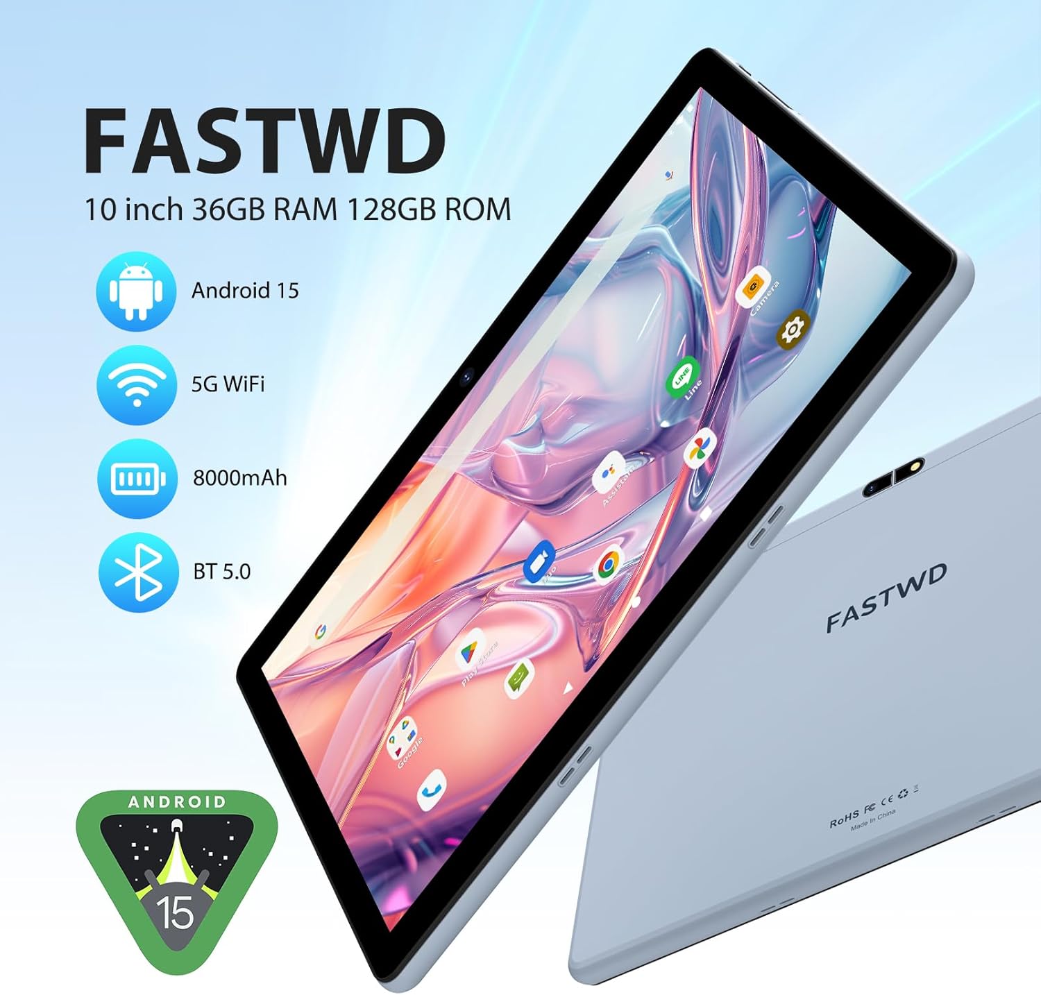 Android Tablet 15,36GB+128GB/1TB 10 Inch Tablet,8000mAh,1280 * 800 IPS,Widevine L1,Face ID/5G WiFi/BT5.0/OTG,Tablets on offer with Keyboard,Mouse,Blue Large L231-blue