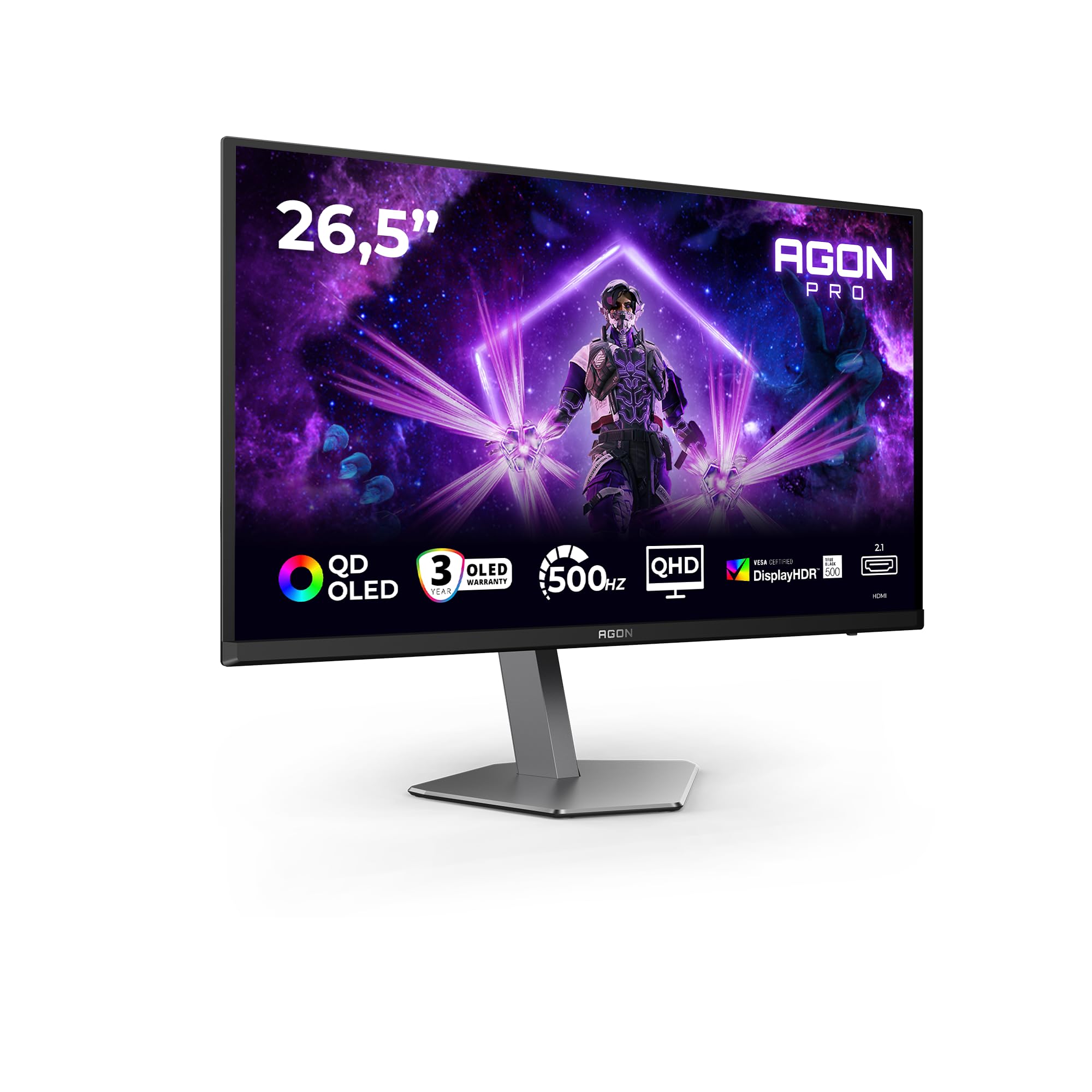 AOC AG276QKD2 26.5 inch WQHD Monitor, 500Hz, 0.03ms, Adaptive Sync, FreeSync Prem., G-Sync Comp., height adjustment, speakers, (2560x1440 HDMI 2x 2.1 DP USB Hub) Black/Dark Gray 27" QHD QD-OLED 500Hz Flat GSync