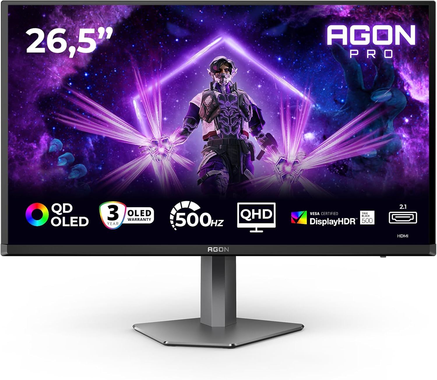 AOC AG276QKD2 26.5 inch WQHD Monitor, 500Hz, 0.03ms, Adaptive Sync, FreeSync Prem., G-Sync Comp., height adjustment, speakers, (2560x1440 HDMI 2x 2.1 DP USB Hub) Black/Dark Gray 27" QHD QD-OLED 500Hz Flat GSync