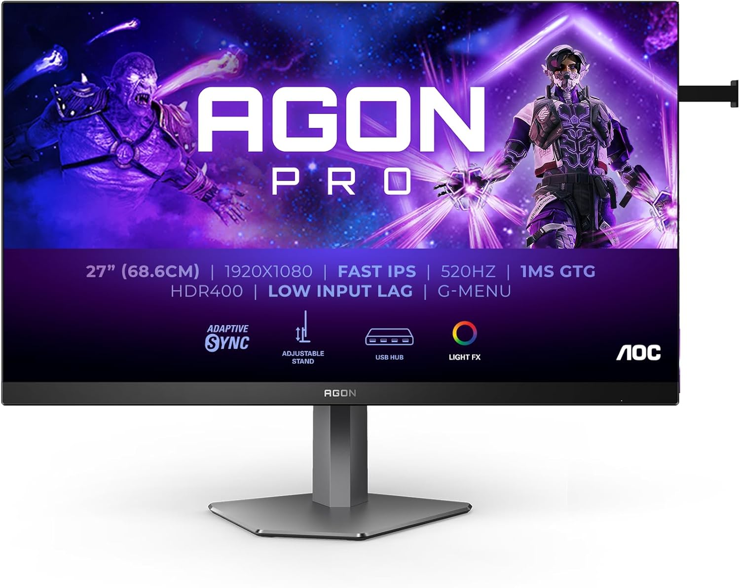 AOC Agon PRO AG276FK 27 inch FHD gaming monitor, 520 Hz, 1 ms GtG, Adaptive Sync., G-Sync comp., HDR400 2x HDMI, 1x DisplayPort 1.4, USB Hub black/grey, IPS, Gsync/FreeSync 27" FHD Fast IPS 520Hz Flat GSync
