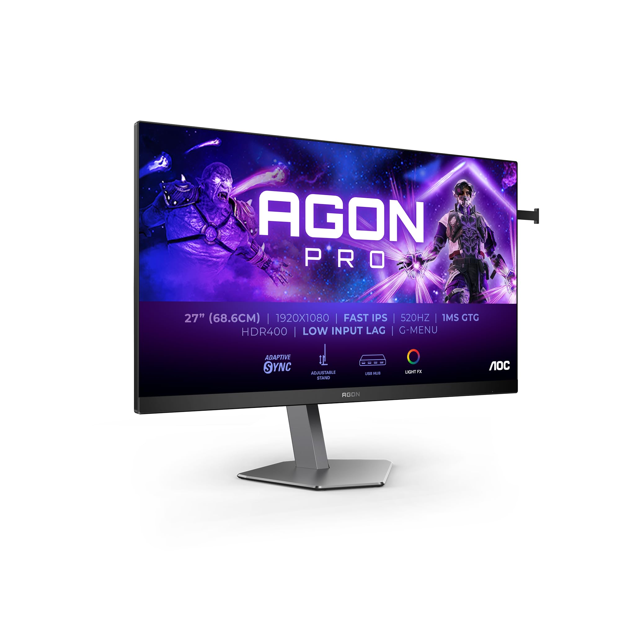 AOC Agon PRO AG276FK 27 inch FHD gaming monitor, 520 Hz, 1 ms GtG, Adaptive Sync., G-Sync comp., HDR400 2x HDMI, 1x DisplayPort 1.4, USB Hub black/grey, IPS, Gsync/FreeSync 27" FHD Fast IPS 520Hz Flat GSync