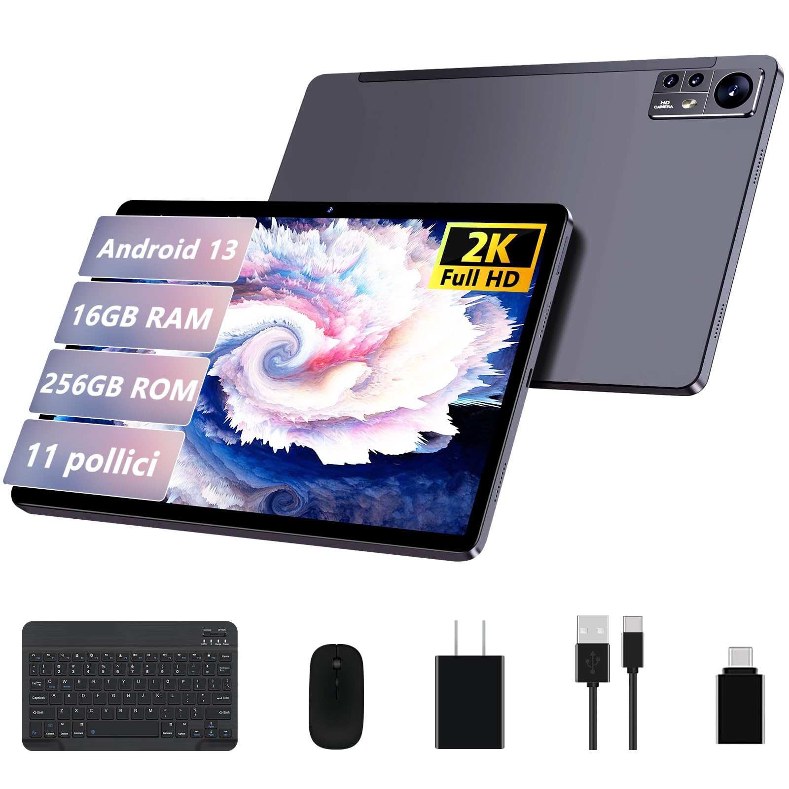 AOCWEI 2024 Android 13 Tablet 11 Inch 2K 16GB RAM+256GB ROM (TF 512GB) |5G+2.4G WiFi | Bluetooth 5.0 |Octa Core|2.0Ghz |8600mAh|2000 * 1200pixels |5+13MP |Tablet with Keyboard and Mouse, Gray Case3