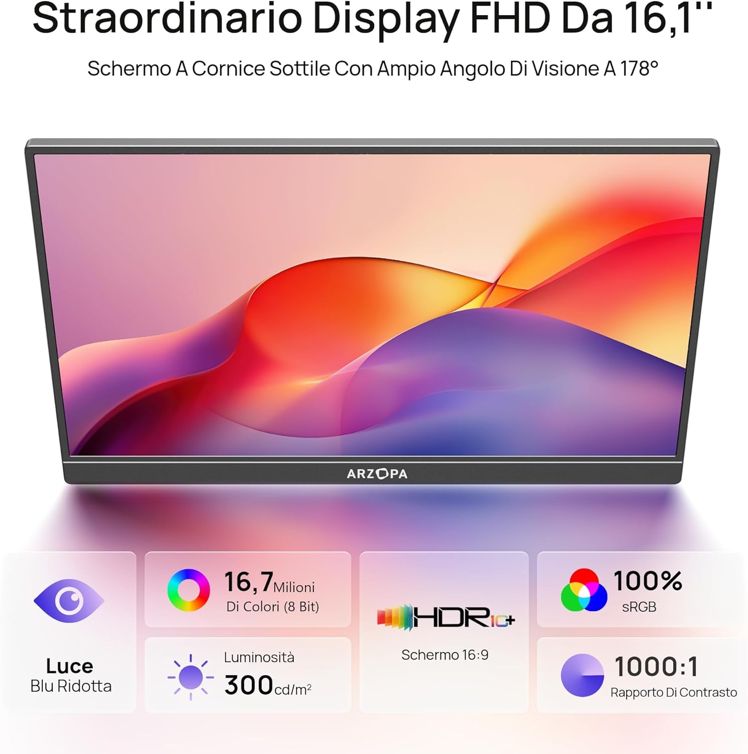 ARZOPA Portable Monitor 16.1" IPS 100% sRGB | FHD 1080P Screen | HDR10 | Ultra Thin 9.3mm | Built-in Speakers | Plug & Play for Laptop, PC, Mac, Console - Z1C