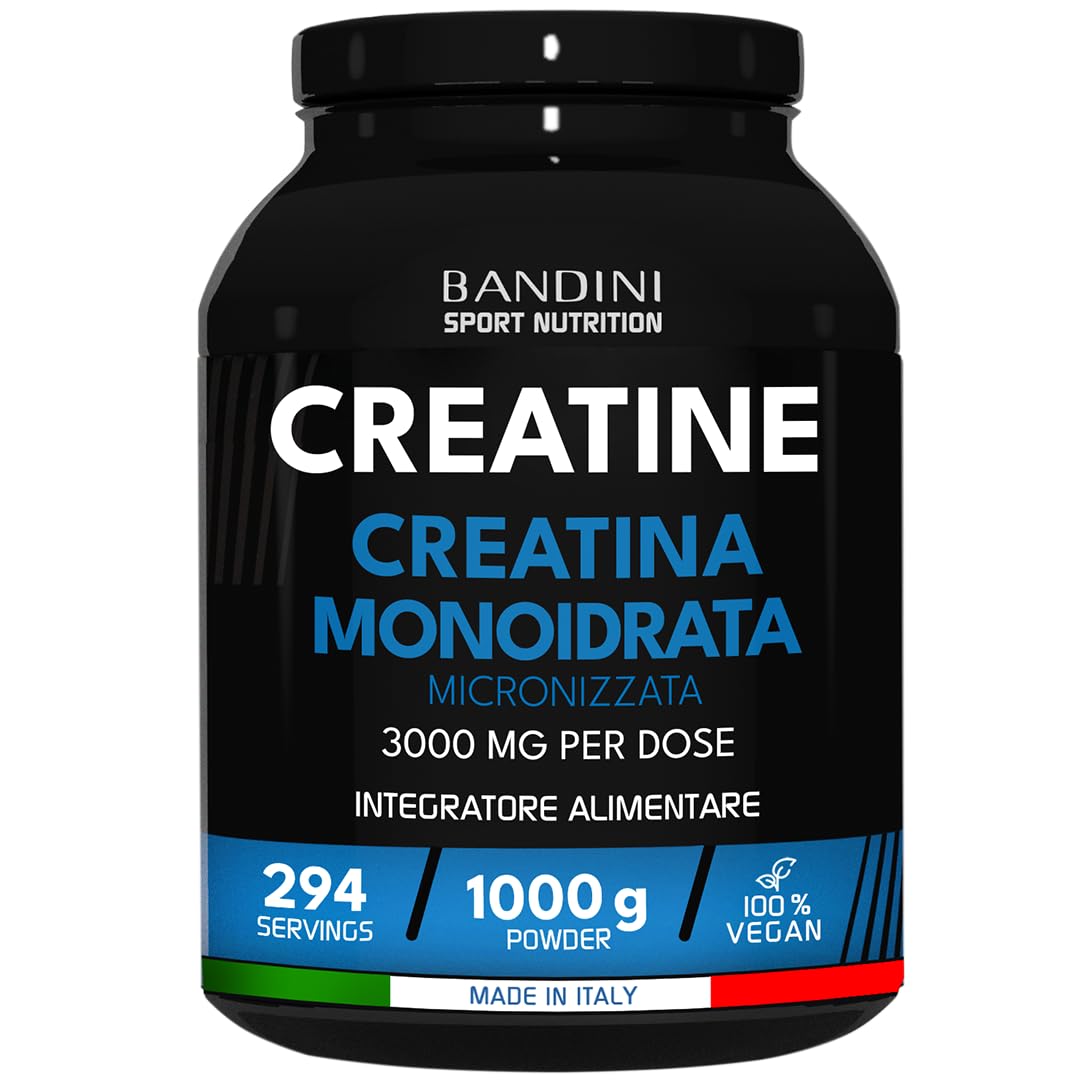 Bandini® Micronised Creatine Monohydrate 1 kg/1000 g in 100% Pure and Vegan Powder – Food Supplement for Gym, Sport, Fitness and Pre Workout – Creatine Monohydrate