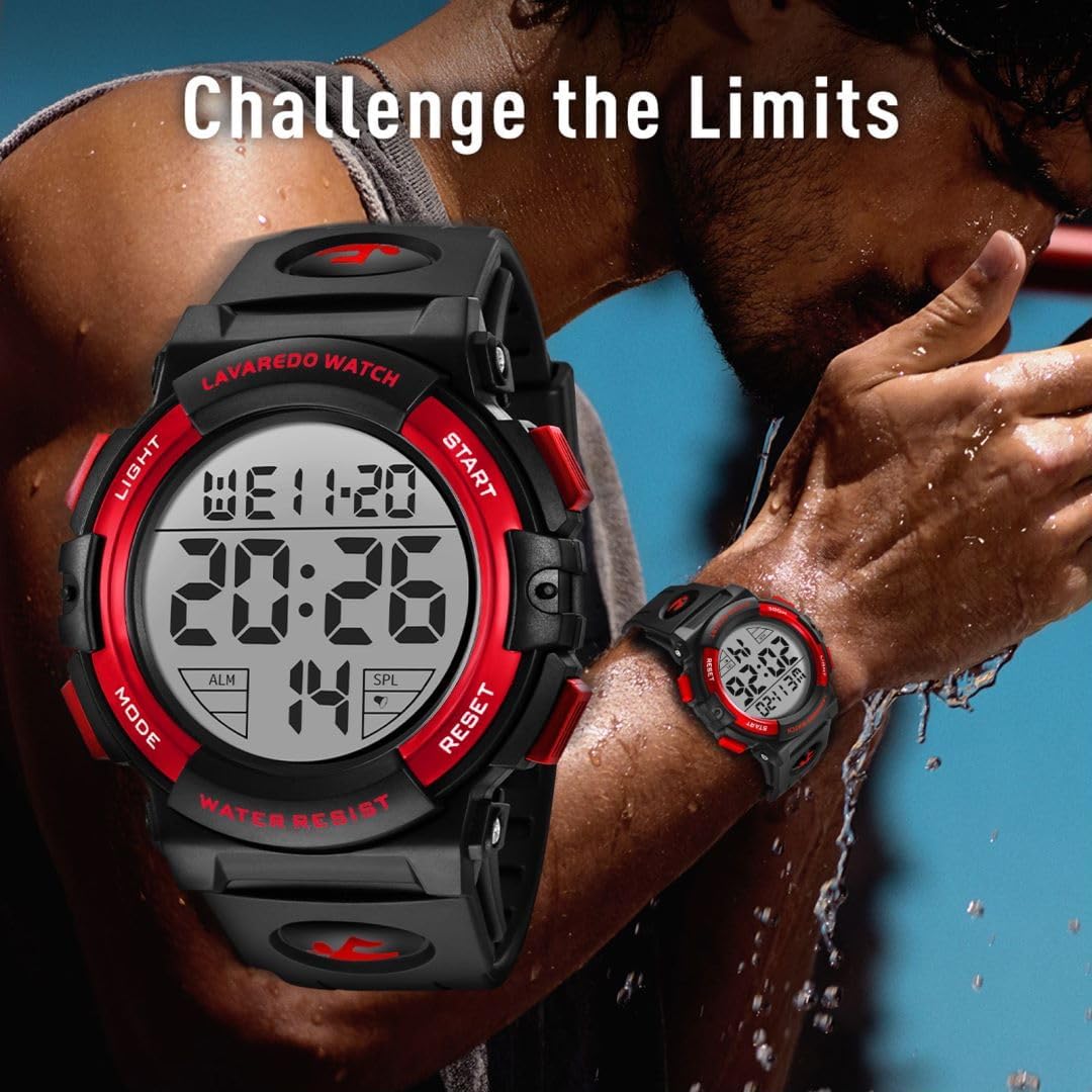 BEN NEVIS Men's Digital Watch Military Sports Watch 5ATM Waterproof Military Chronograph Wristwatch for Men with LED Backlight Alarm Date/Shockproof 02 - Red