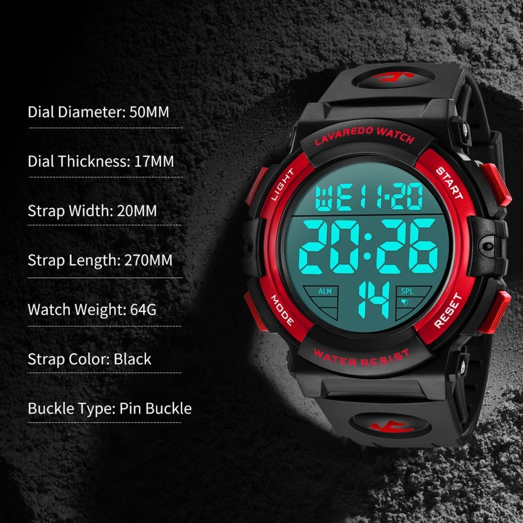 BEN NEVIS Men's Digital Watch Military Sports Watch 5ATM Waterproof Military Chronograph Wristwatch for Men with LED Backlight Alarm Date/Shockproof 02 - Red