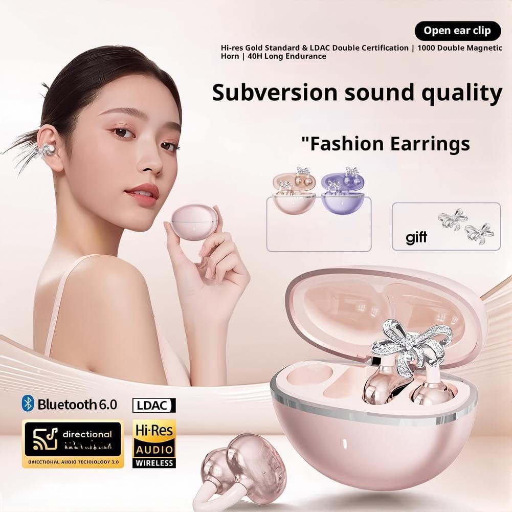 Bluetooth 6.0 Wireless Clip-on Earphones with Detachable Butterfly Earrings, IPX5 Waterproof, 50 Hours Playtime, Jewelry, Party Gifts for Women 1 Set Black